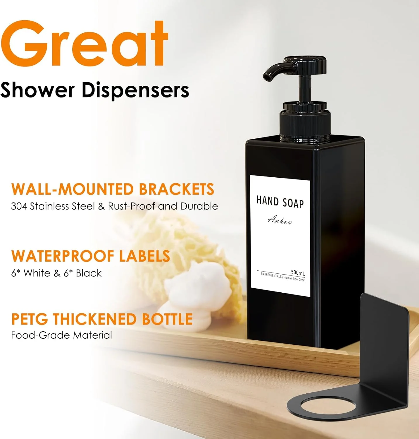 ست جا مایع دیواری آنهو، جا مایع دیواری 500 میلی لیتری بدون نیاز به سوراخ کاری، جا مایع ظرفشویی برای آشپزخانه و حمام - مشکی (بسته 3 عددی)