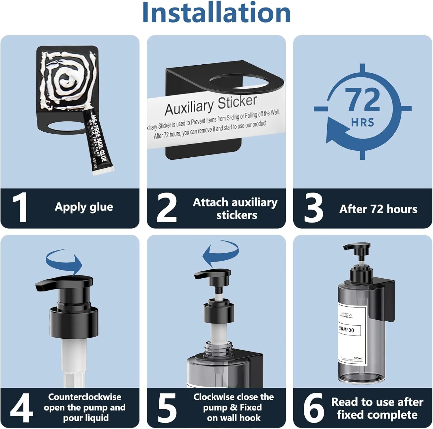 جا مایع دیواری آنهو 4 عدد 500 میلی لیتری، مناسب مایع دستشویی، شامپو و ژل حمام، نصب آسان بدون نیاز به سوراخکاری، به همراه قیف و برچسب ضد آب - خاکستری