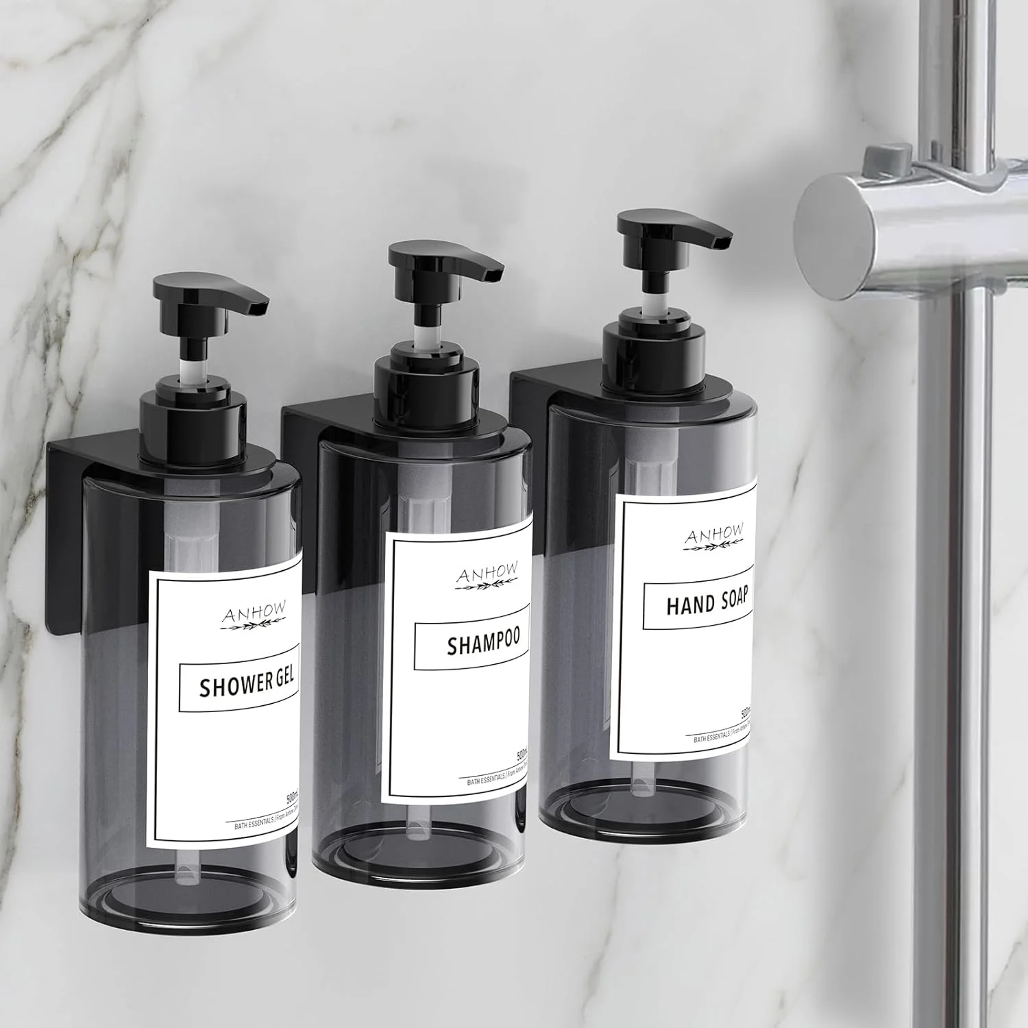 جا مایع دیواری آنهو 4 عدد 500 میلی لیتری، مناسب مایع دستشویی، شامپو و ژل حمام، نصب آسان بدون نیاز به سوراخکاری، به همراه قیف و برچسب ضد آب - خاکستری