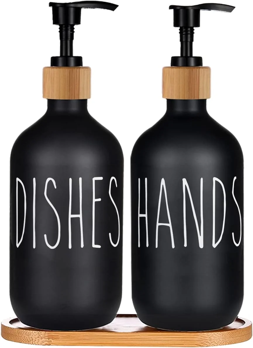 ظرف مایع دستشویی آکالین مشکی، ست 2 عددی، ظرف مایع ظرفشویی 473 میلی لیتری برای سینک آشپزخانه با پمپ بامبو مشکی، ظرف مایع دستشویی ایده آل برای دکوراسیون خانه های روستایی
