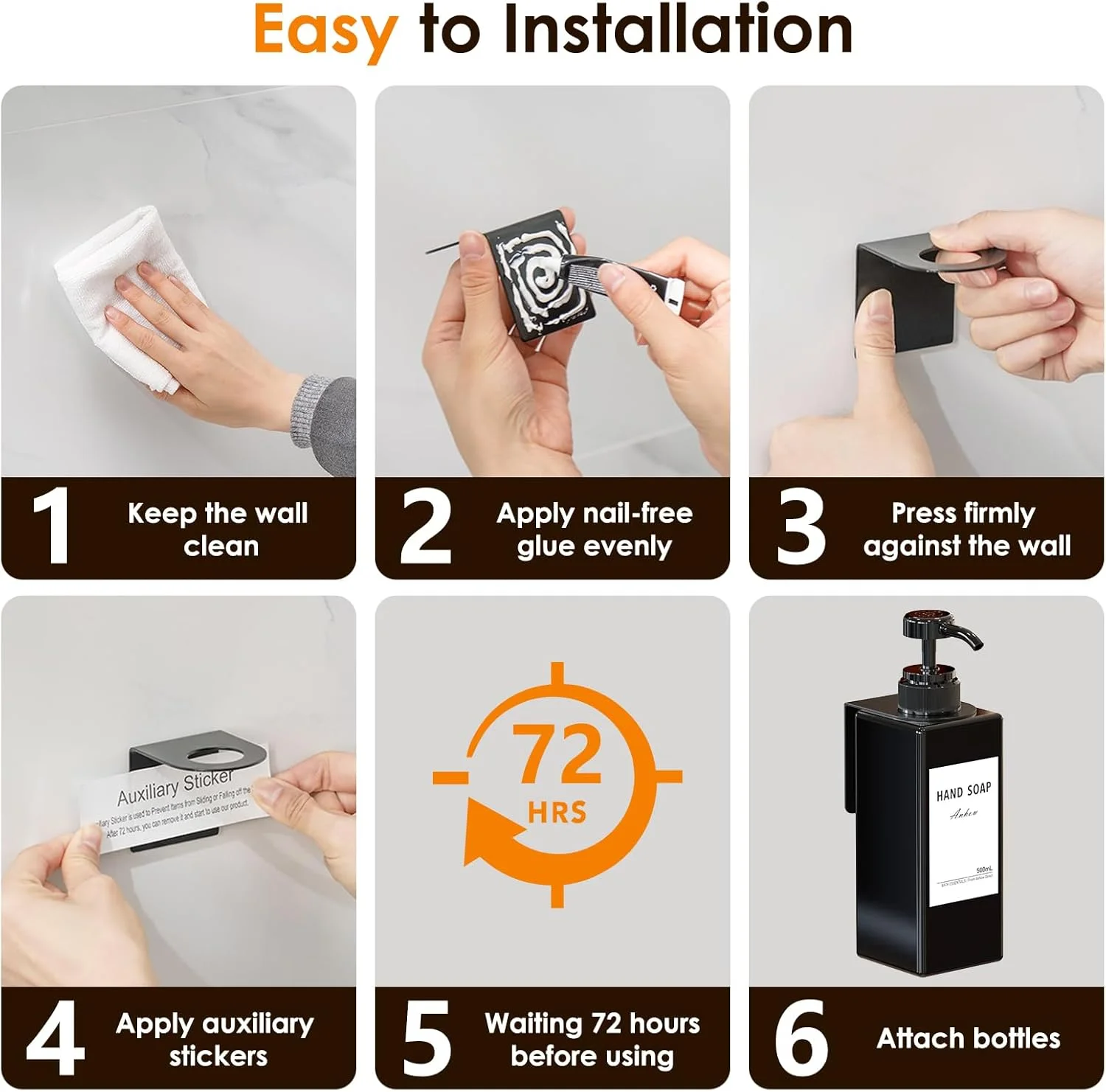 ست جا مایع دیواری آنهو، جا مایع دیواری 500 میلی لیتری بدون نیاز به سوراخ کاری، جا مایع ظرفشویی برای آشپزخانه و حمام - مشکی (بسته 3 عددی)
