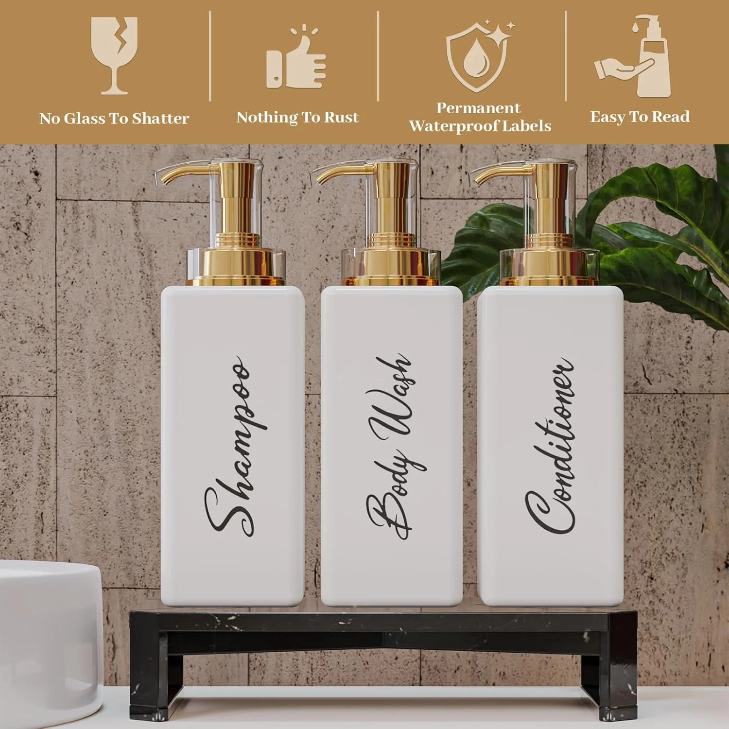 بطری های شامپو و نرم کننده قابل پر کردن مجدد آکالین، جا صابونی سفید و طلایی 473 میلی لیتری برای حمام، جا شامپو و نرم کننده برای لوسیون حمام، شستشوی بدن، روغن های ماساژ (سفید)