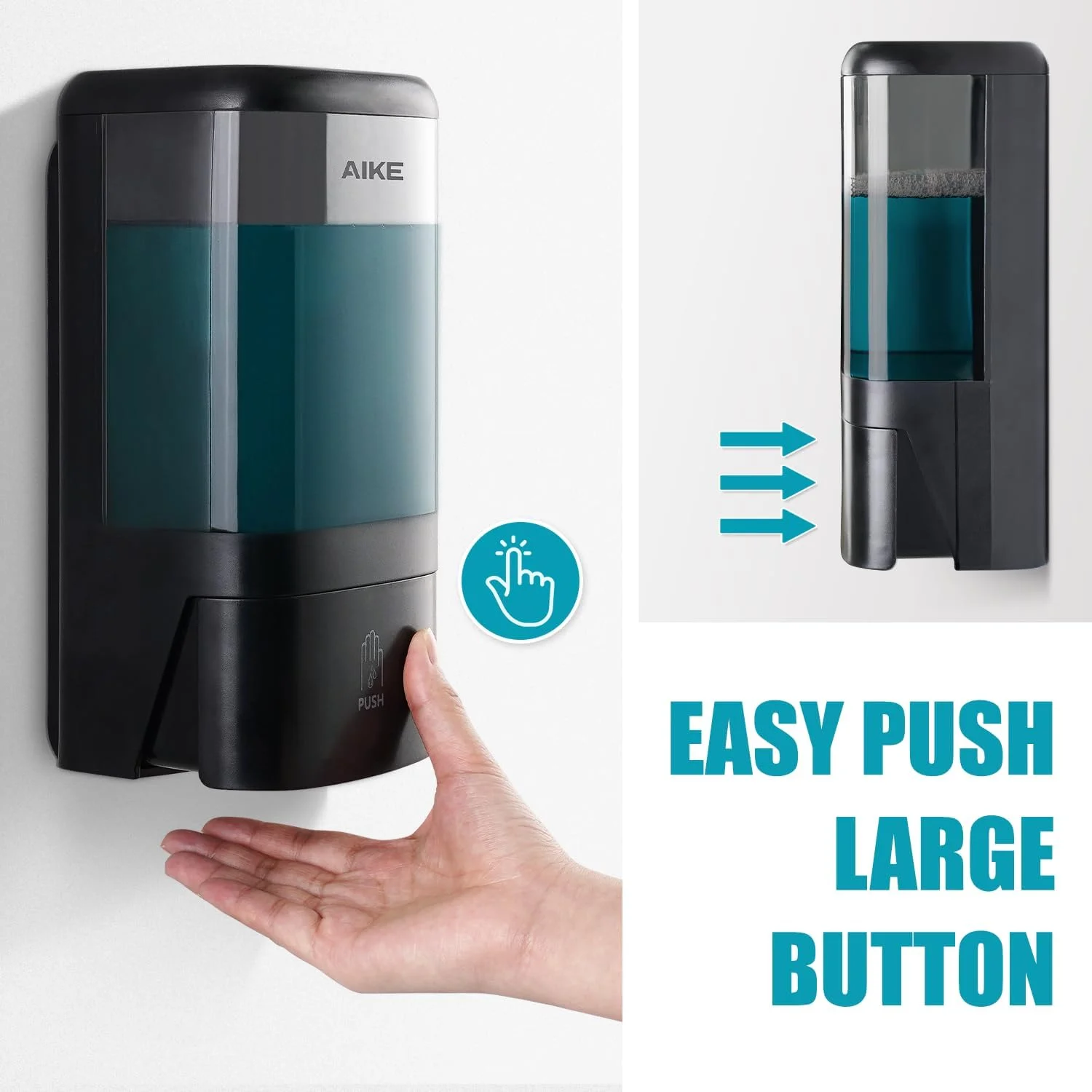 مایع دستشویی تجاری AIKE با ظرفیت 1200 میلی لیتر، ظرفیت بزرگ، نصب دیواری، پمپ دستی با قفل و نمایشگر شفاف، ایده آل برای دفاتر، سطوح صنعتی و حمام ها
