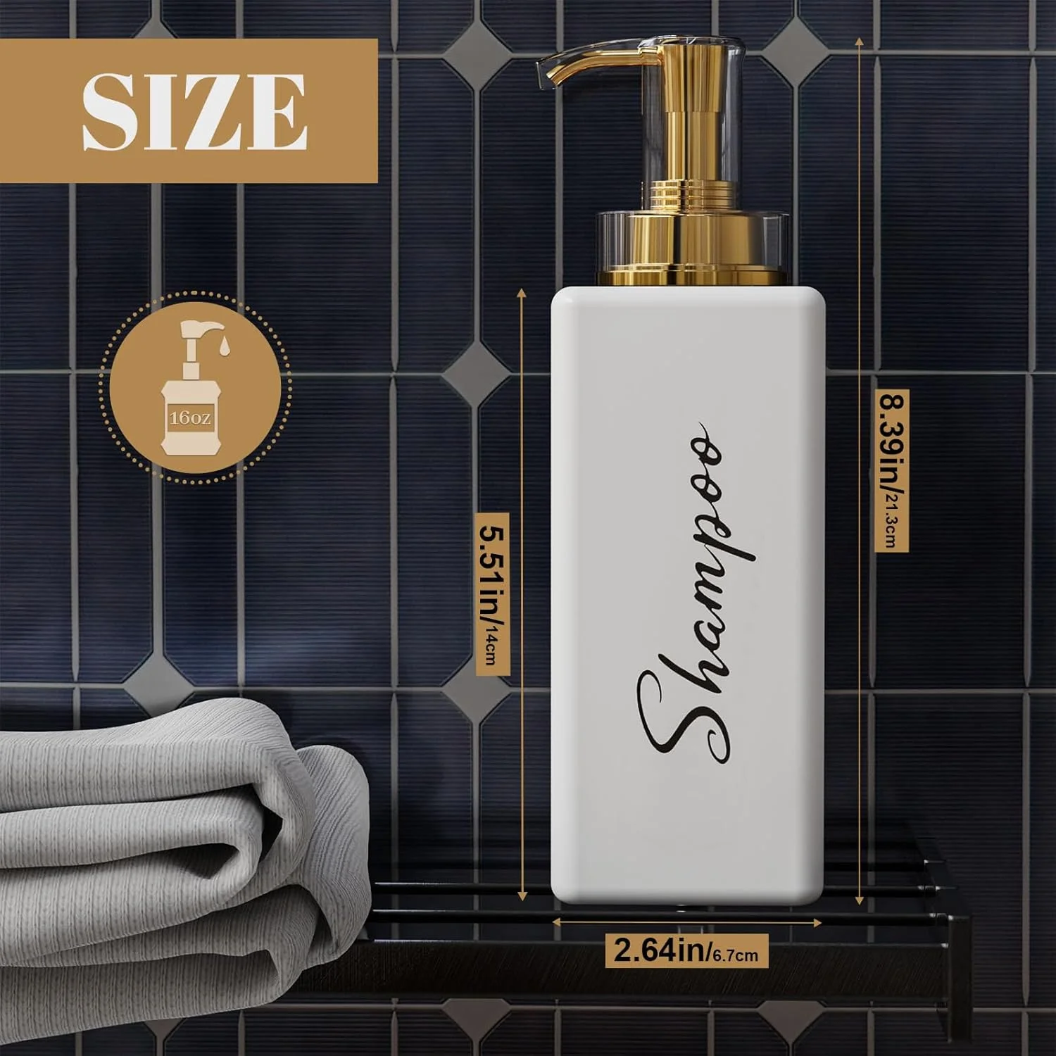 بطری های شامپو و نرم کننده قابل پر کردن مجدد آکالین، جا صابونی سفید و طلایی 473 میلی لیتری برای حمام، جا شامپو و نرم کننده برای لوسیون حمام، شستشوی بدن، روغن های ماساژ (سفید)