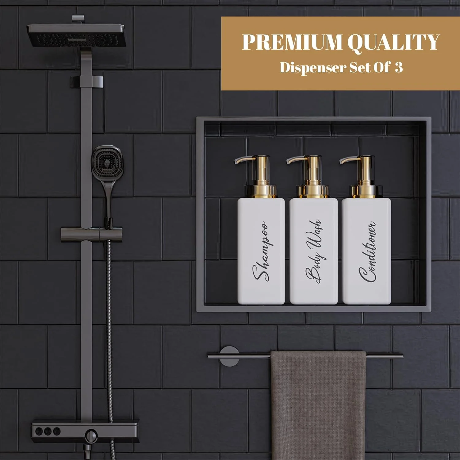 بطری های شامپو و نرم کننده قابل پر کردن مجدد آکالین، جا صابونی سفید و طلایی 473 میلی لیتری برای حمام، جا شامپو و نرم کننده برای لوسیون حمام، شستشوی بدن، روغن های ماساژ (سفید)