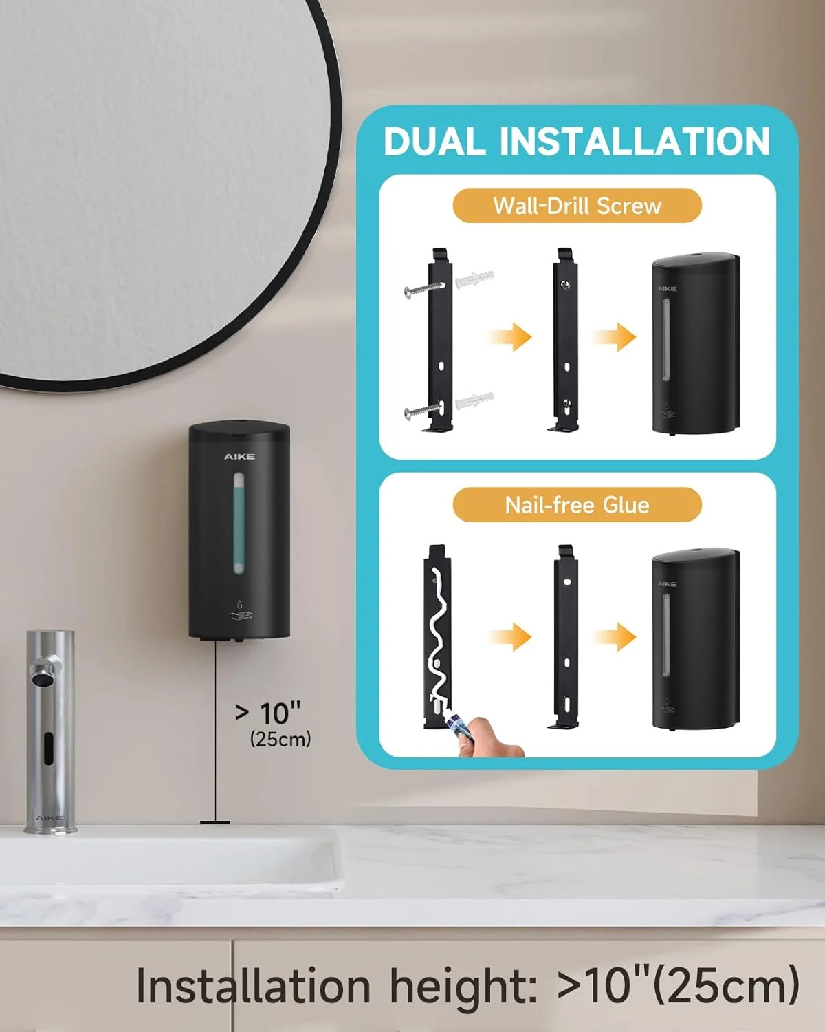 مایع دستشویی اتوماتیک دیواری تجاری AIKE AK1205 استیل ضد زنگ مشکی با ظرفیت بزرگ 700 میلی لیتر