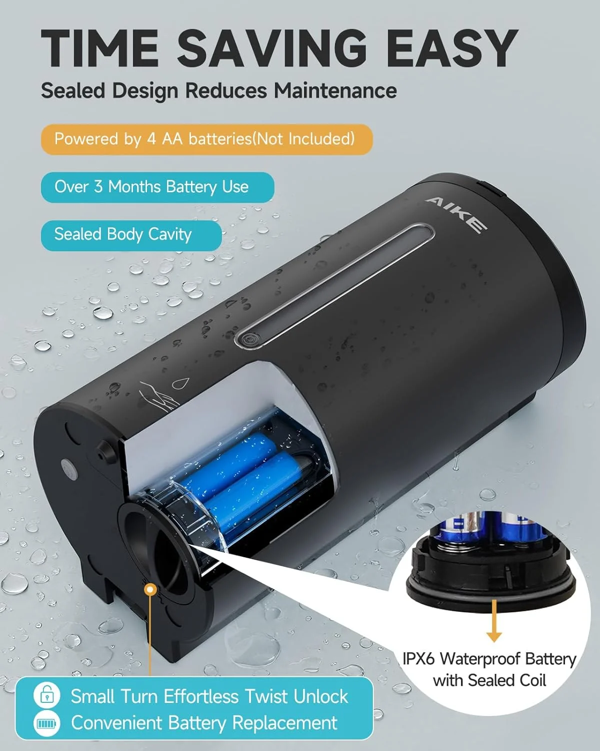 مایع دستشویی اتوماتیک دیواری تجاری AIKE AK1205 استیل ضد زنگ مشکی با ظرفیت بزرگ 700 میلی لیتر