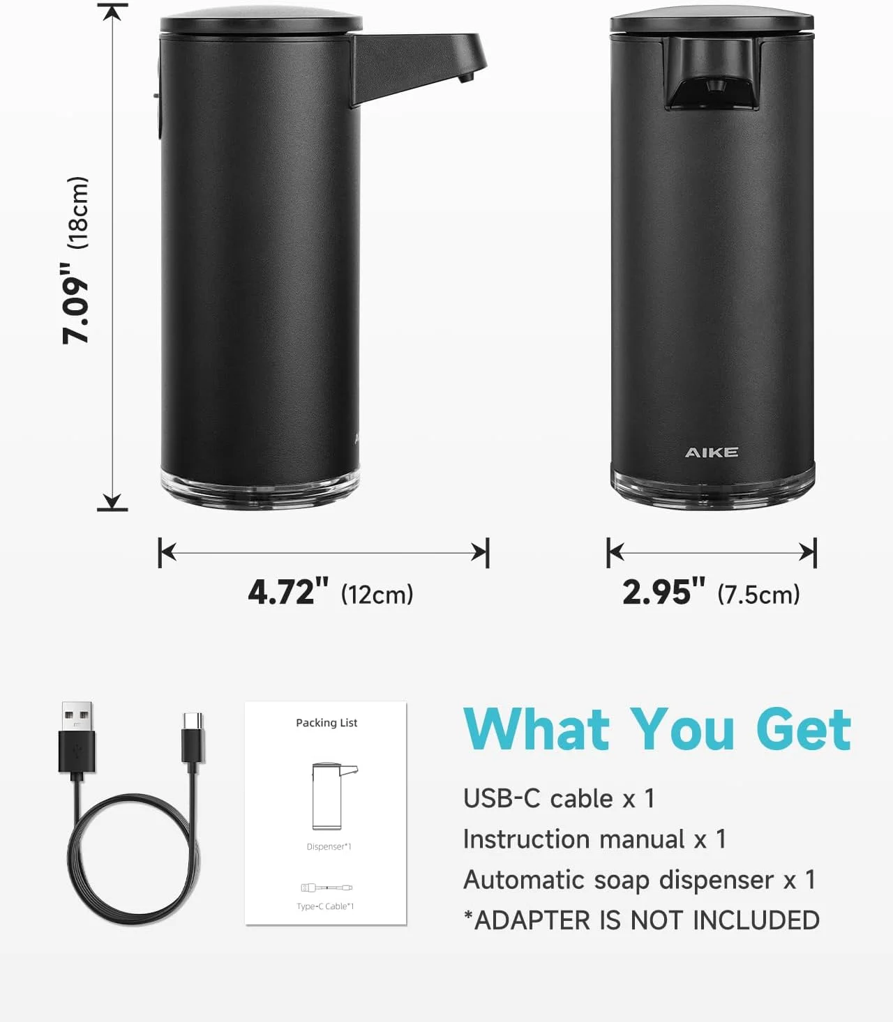 مایع دستشویی ریز اتوماتیک AIKE SensePro با قابلیت شارژ Type-C، روکش مشکی مات استیل، 380 میلی لیتر، مناسب برای مایع دستشویی