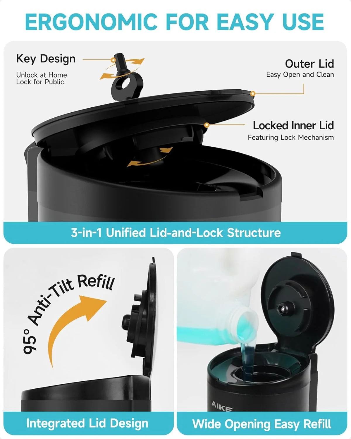 مایع دستشویی اتوماتیک دیواری تجاری AIKE AK1205 استیل ضد زنگ مشکی با ظرفیت بزرگ 700 میلی لیتر