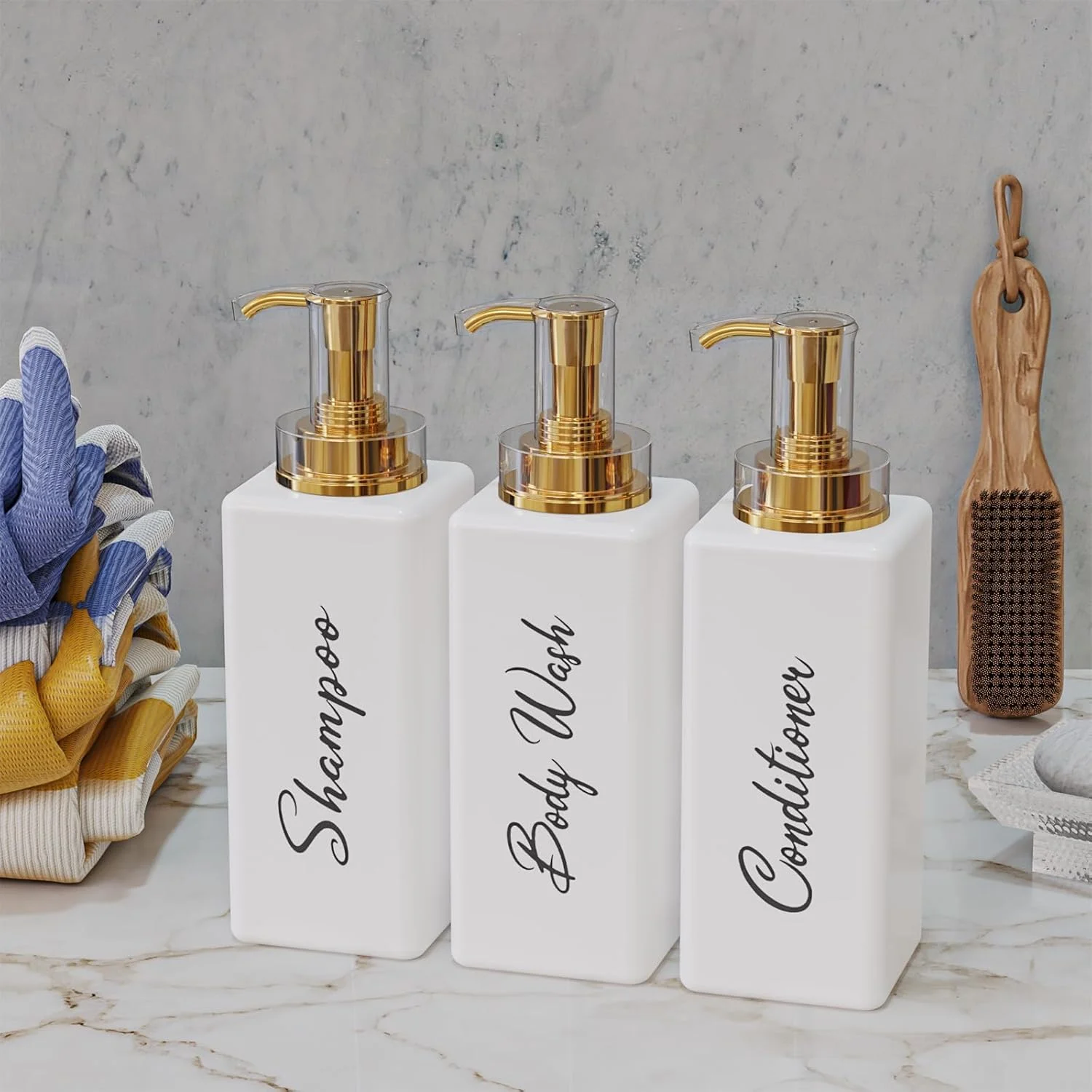 بطری های شامپو و نرم کننده قابل پر کردن مجدد آکالین، جا صابونی سفید و طلایی 473 میلی لیتری برای حمام، جا شامپو و نرم کننده برای لوسیون حمام، شستشوی بدن، روغن های ماساژ (سفید)