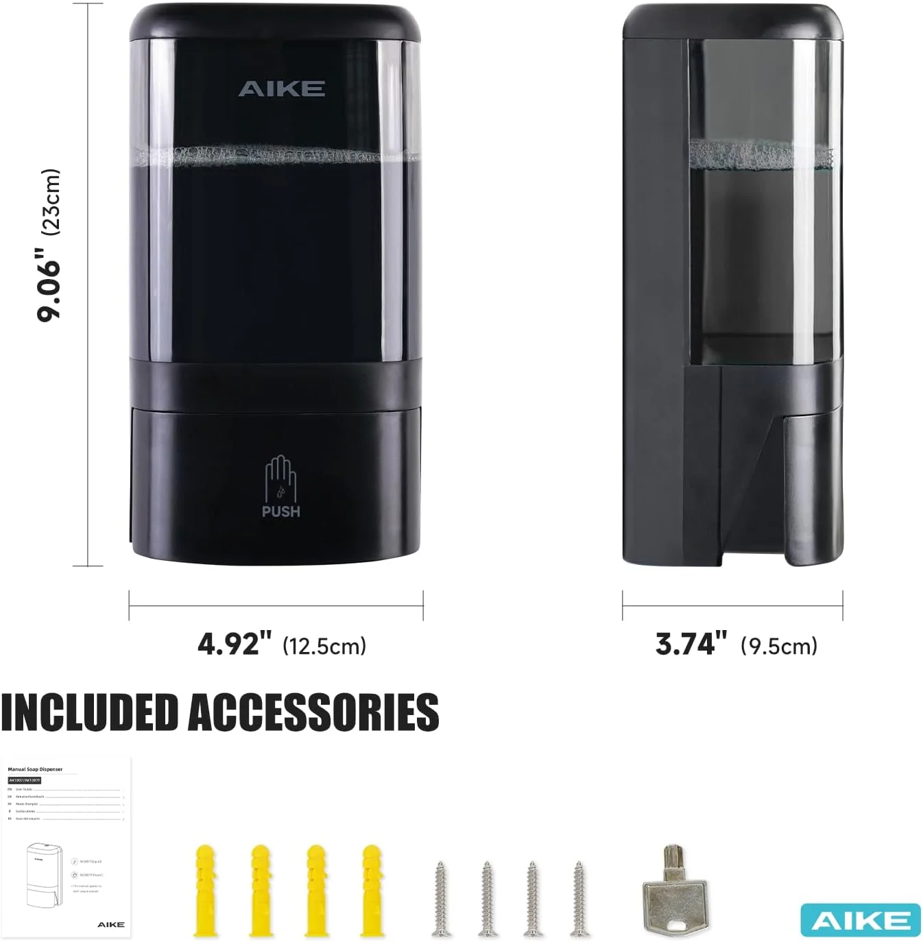 مایع دستشویی تجاری AIKE با ظرفیت 1200 میلی لیتر، ظرفیت بزرگ، نصب دیواری، پمپ دستی با قفل و نمایشگر شفاف، ایده آل برای دفاتر، سطوح صنعتی و حمام ها