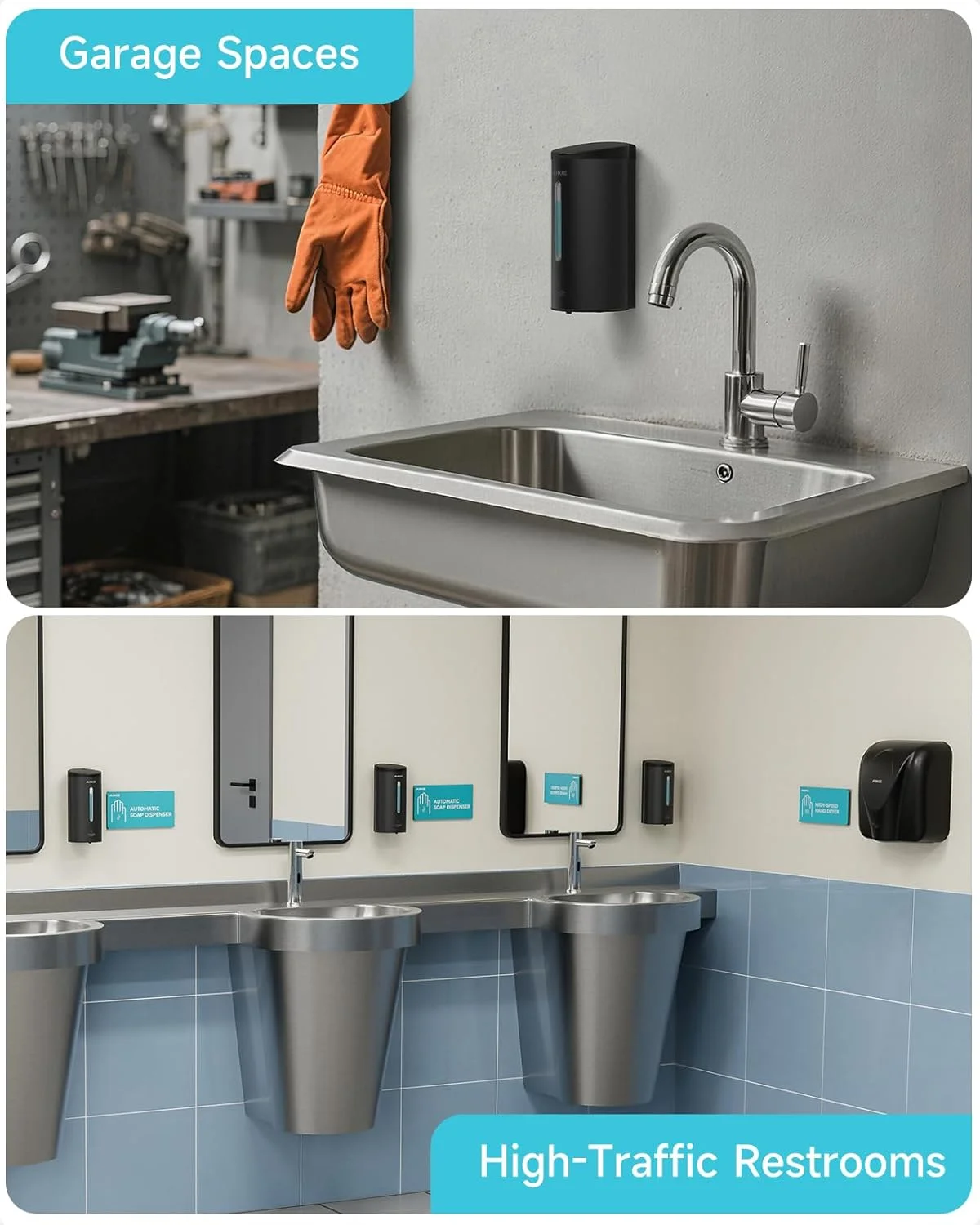 مایع دستشویی اتوماتیک دیواری تجاری AIKE AK1205 استیل ضد زنگ مشکی با ظرفیت بزرگ 700 میلی لیتر