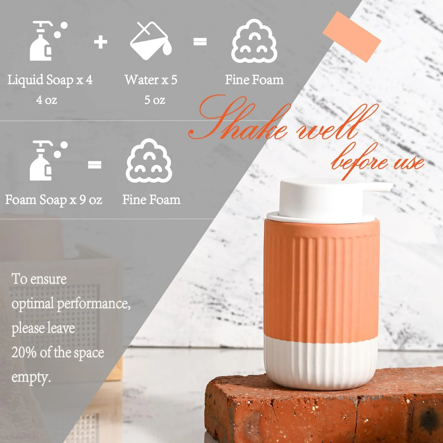 پک 2 عددی جا مایع دستشویی سرامیکی سفالی دست ساز ABBI NIMO، بطری 350 میلی لیتری حبابی با پمپ سیلیکونی سفید، جا مایع دستشویی نارنجی قابل شارژ برای حمام پک 2 عددی جا مایع دستشویی سرامیکی سفالی دست ساز ABBI NIMO، بطری 350 میلی لیتری حبابی با پمپ سیلیکونی سفید، جا مایع دستشویی نارنجی قابل شارژ برای حمام