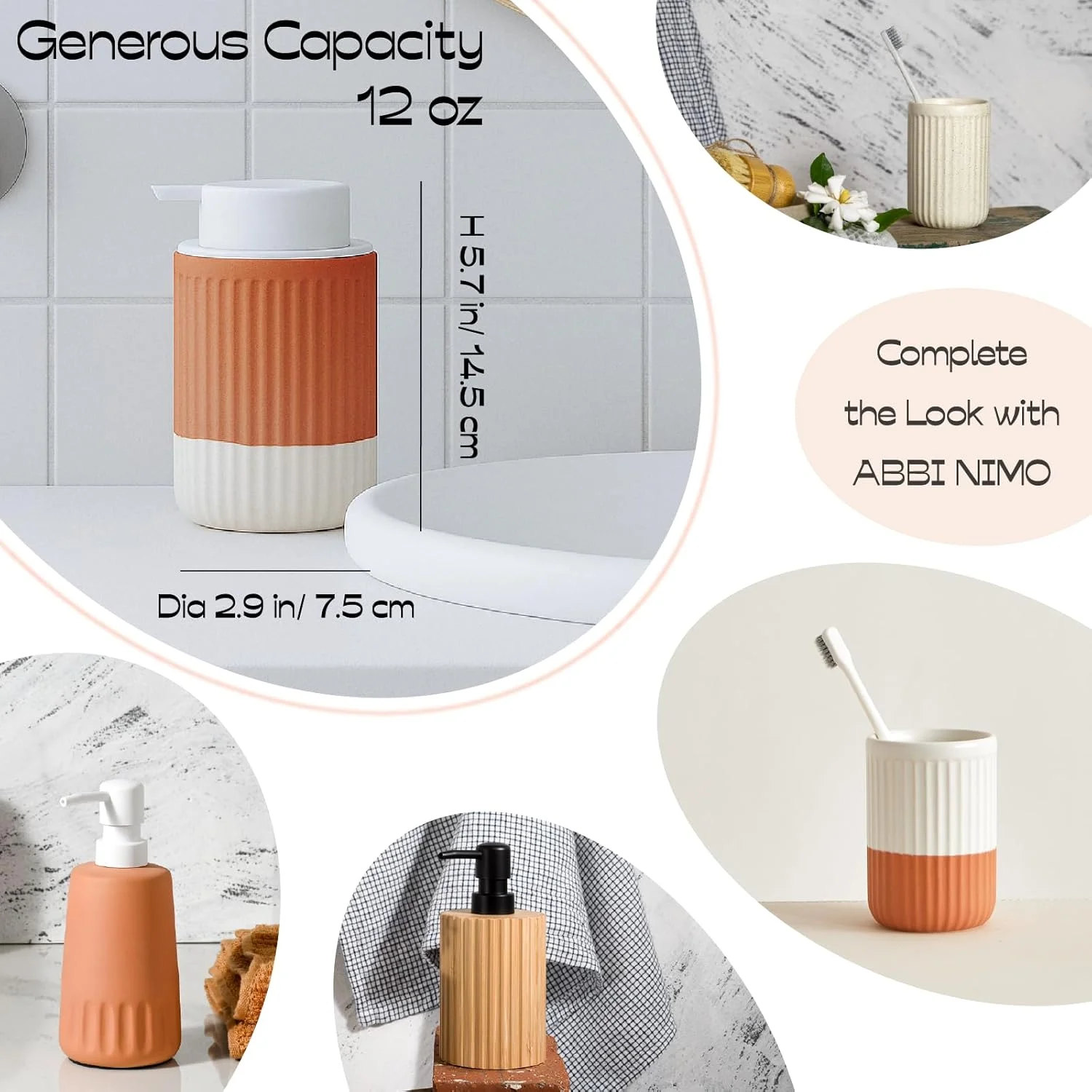 پک 2 عددی جا مایع دستشویی سرامیکی سفالی دست ساز ABBI NIMO، بطری 350 میلی لیتری حبابی با پمپ سیلیکونی سفید، جا مایع دستشویی نارنجی قابل شارژ برای حمام پک 2 عددی جا مایع دستشویی سرامیکی سفالی دست ساز ABBI NIMO، بطری 350 میلی لیتری حبابی با پمپ سیلیکونی سفید، جا مایع دستشویی نارنجی قابل شارژ برای حمام