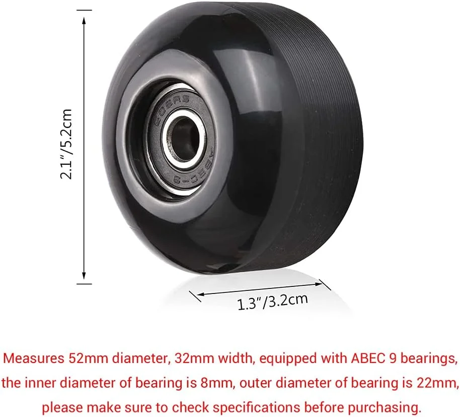 لوازم جانبی اسکیت برد، چرخ های اسکیت برد PU با بلبرینگ Abec 9، سایز 52x32mm، درجه سختی 95a، مناسب اسکیت خیابانی، لانگ برد، مشکی، 4 عدد