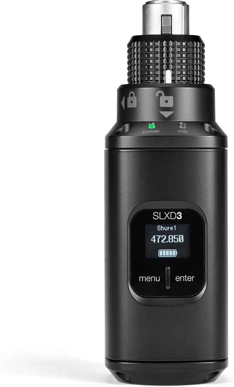 فرستنده بی‌سیم دیجیتال Shure SLXD3 Plug-On - میکروفون‌های XLR را به بی‌سیم SLX-D تبدیل می‌کند، اتصال ایمن، صدای 24 بیتی، همگام‌سازی IR - شامل باتری و کیف حمل | باند G58 (470-514 مگاهرتز)