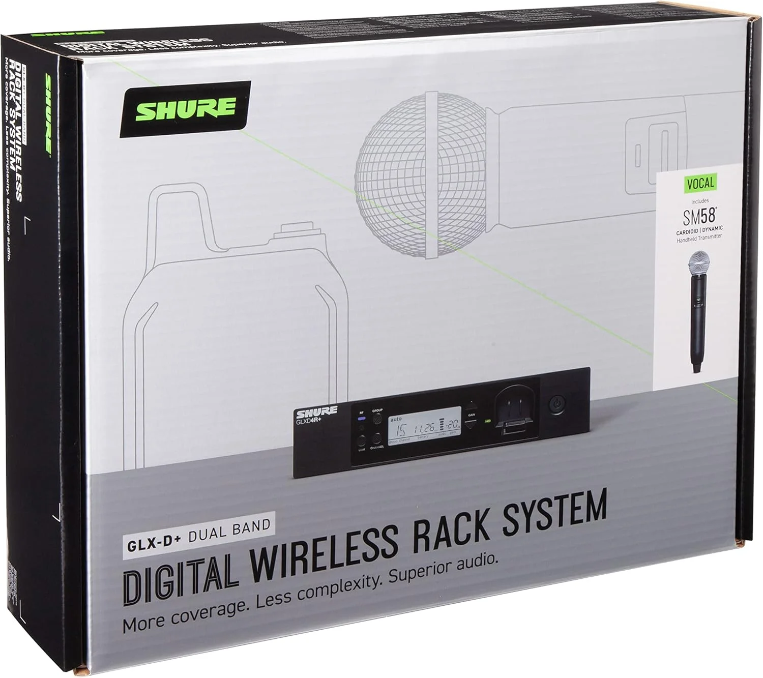 سیستم میکروفون بی سیم دیجیتال دو بانده حرفه ای Shure GLXD24R+/SM58 - عمر باتری 12 ساعته، برد 30 متری | میکروفون دستی آوازی SM58، گیرنده تک کاناله قابل نصب در رک (GLXD24R+/SM58-Z3)