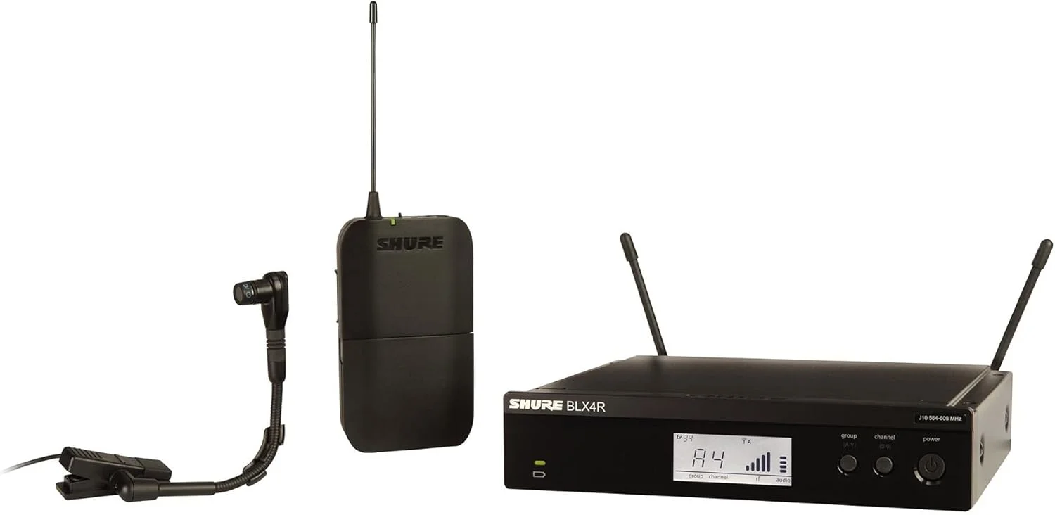 سیستم میکروفون بی‌سیم Shure BLX14R/B98 - عمر باتری 14 ساعته، برد 300 فوت، UHF | میکروفون گیره ای ساز، گیرنده تک کاناله قابل نصب در رک | باند J11 (BLX14R/B98-J11)