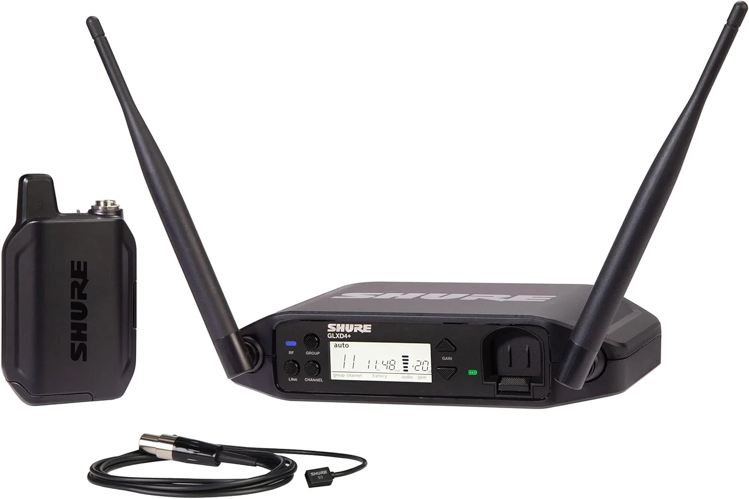 سیستم میکروفون بی سیم دیجیتال دو بانده Shure GLXD14+/93 Pro برای مصاحبه، ارائه، تئاتر، عمر باتری 12 ساعته، برد 100 فوت
