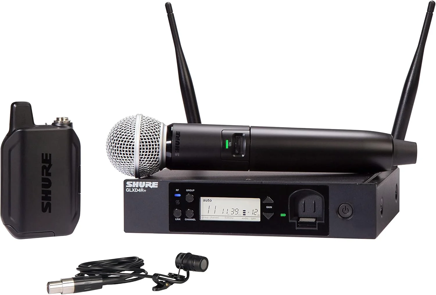 سیستم میکروفون بی سیم دیجیتال دو بانده حرفه ای Shure GLXD124R+/85 - عمر باتری 12 ساعته، برد 30 متری | میکروفون های دستی و یقه ای، گیرنده تک کاناله قابل نصب در رک سیستم میکروفون بی سیم دیجیتال دو بانده حرفه ای Shure GLXD124R+/85 - عمر باتری 12 ساعته، برد 30 متری | میکروفون های دستی و یقه ای، گیرنده تک کاناله قابل نصب در رک