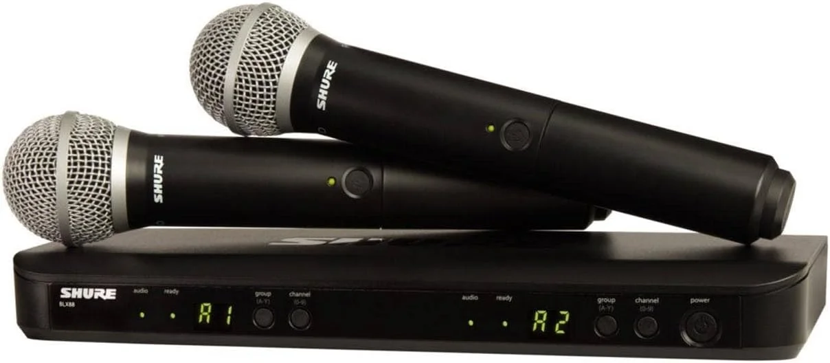 سیستم میکروفون بی سیم UHF شور مدل BLX288/PG58 - ایده آل برای کلیسا، کارائوکه، وکال - عمر باتری 14 ساعته، برد 300 فوت | شامل (2) میکروفون دستی وکال PG58، گیرنده دو کاناله | باند J11 سیستم میکروفون بی سیم UHF شور مدل BLX288/PG58 - ایده آل برای کلیسا، کارائوکه، وکال - عمر باتری 14 ساعته، برد 300 فوت | شامل (2) میکروفون دستی وکال PG58، گیرنده دو کاناله | باند J11