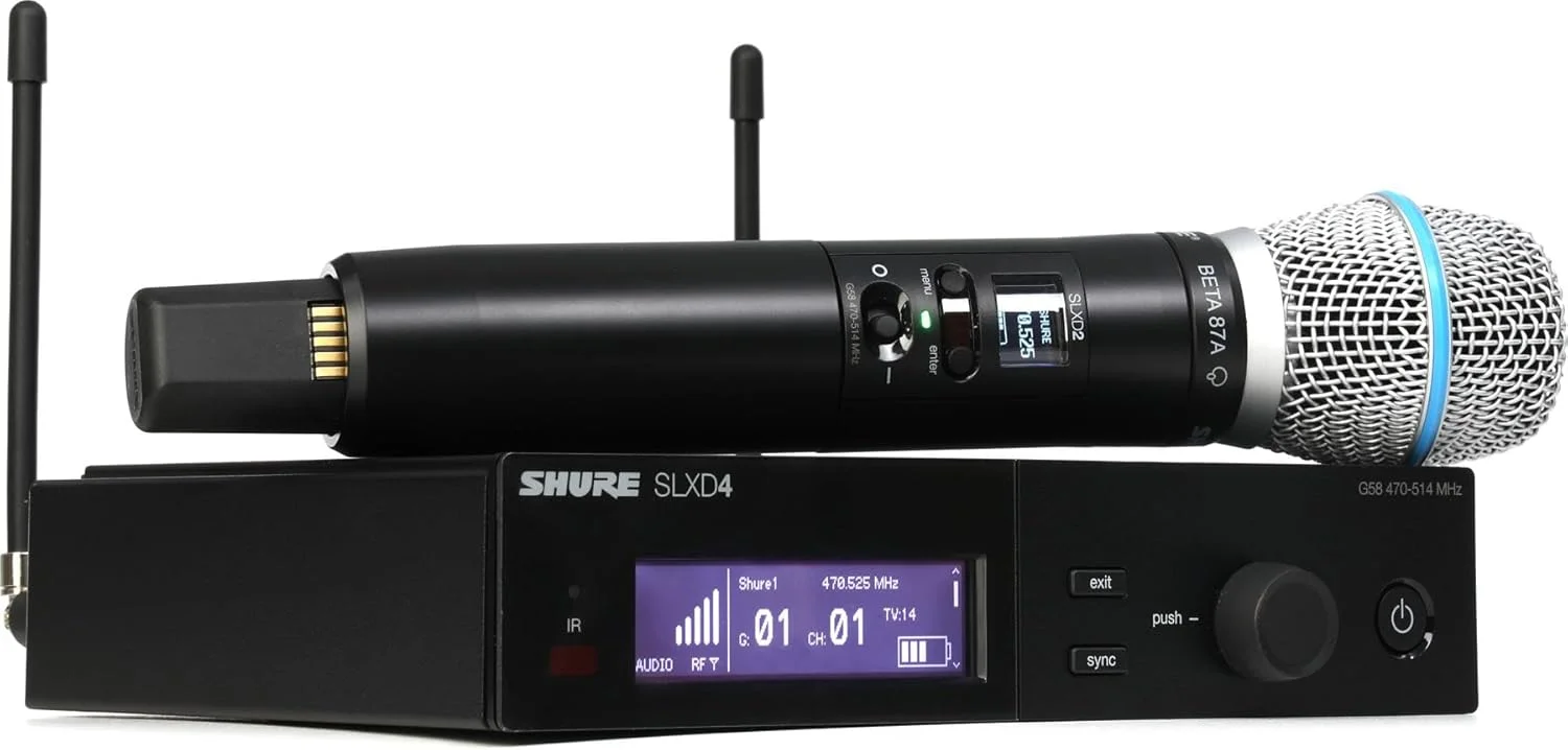 سیستم میکروفون بی سیم دیجیتال Shure SLXD24/B87A - شامل فرستنده دستی SLXD2 با کپسول میکروفون وکال BETA 87A و گیرنده تک کاناله قابل نصب در رک SLXD4 | باند G58 (SLXD24/B87A-G58)