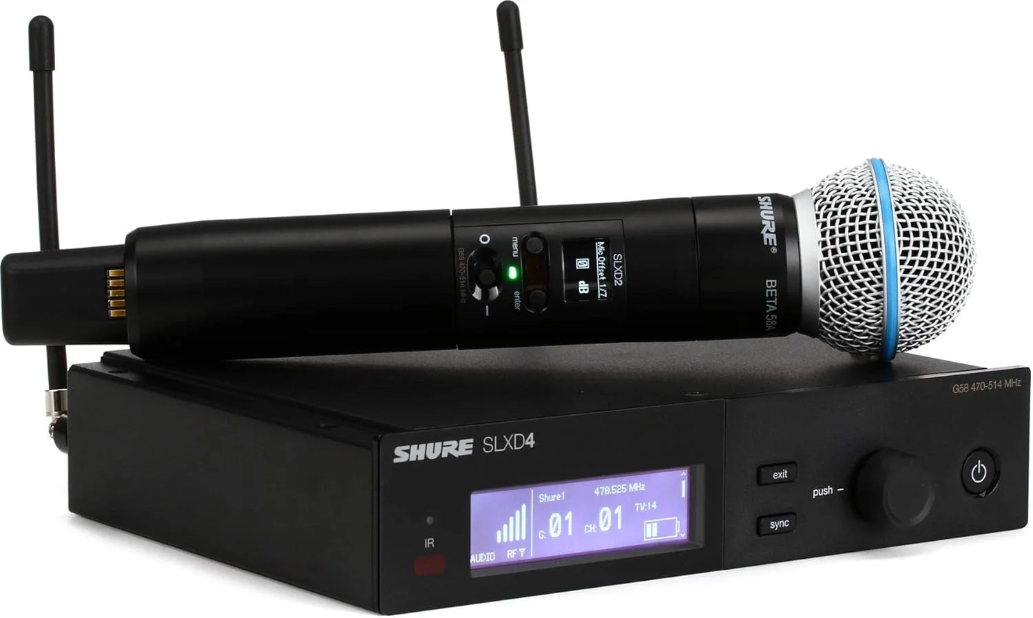 سیستم میکروفون بی سیم دیجیتال Shure SLXD24/B58 - شامل فرستنده دستی SLXD2 با کپسول میکروفون وکال BETA 58A و گیرنده تک کاناله قابل نصب در رک SLXD4 | باند G58 (SLXD24/B58-G58)