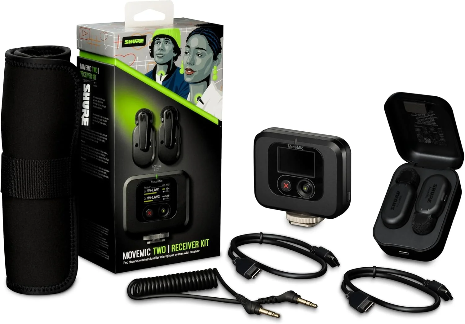 کیت گیرنده دو کاناله Shure MoveMic Two، میکروفون یقه ای بی سیم دو کاناله مستقیم به تلفن با گیرنده MoveMic، قابل حمل، ضبط صدای عالی، مشکی