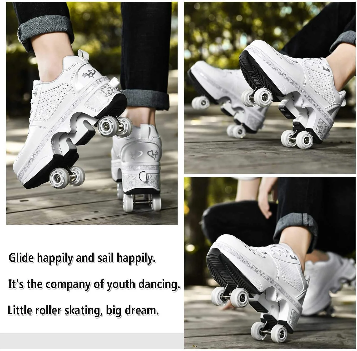 اسکیت چرخ دار تغییر شکل دهنده دو ردیفه برای بزرگسالان و کودکان، اسکیت غلتکی تغییر شکل دهنده نامرئی برای پیاده روی، اسکیت پارکور 2 در 1 با غلتک های جمع شونده و قابل جابجایی