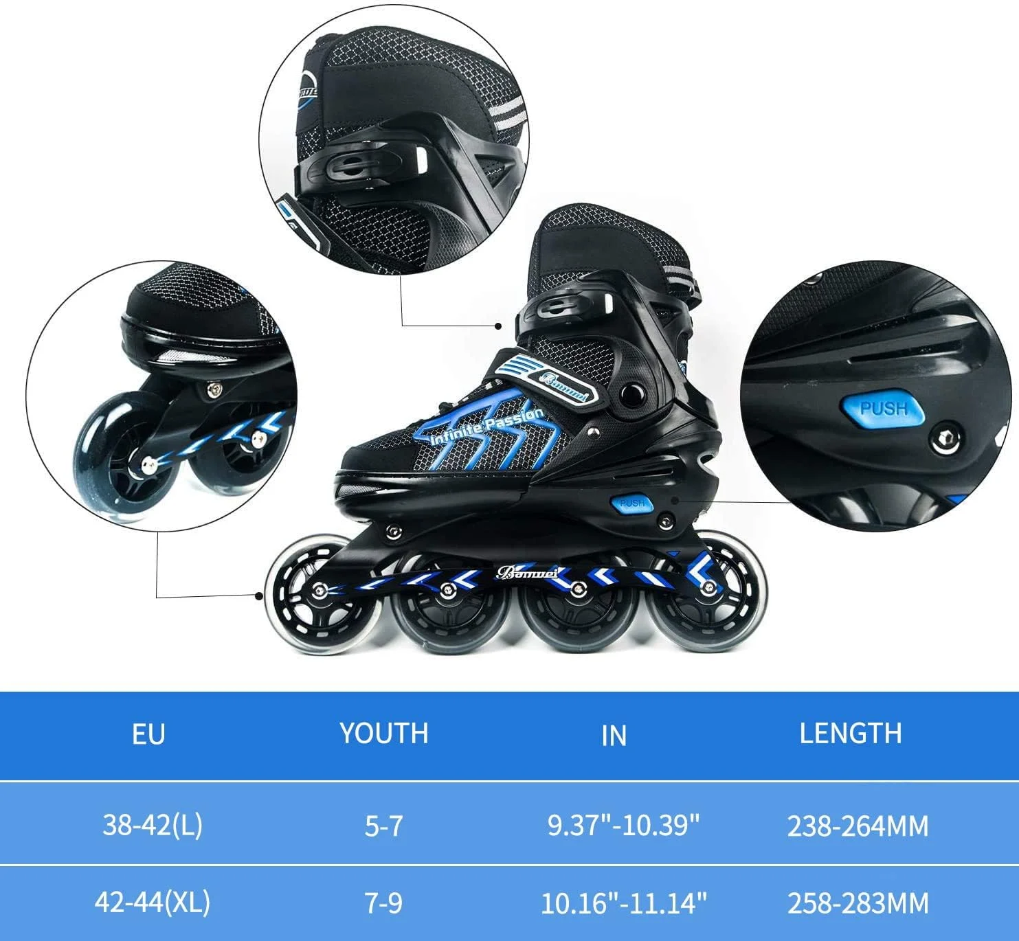 اسکیت های هاکی اینلاین MonSports برای مردان و زنان، اسکیت های غلتکی تیغه ای قابل تنظیم با عملکرد بالا با چرخ های بزرگ برای بزرگسالان، جوانان و پسران ورزش های فضای باز - آبی - سایز 8 9 10 11