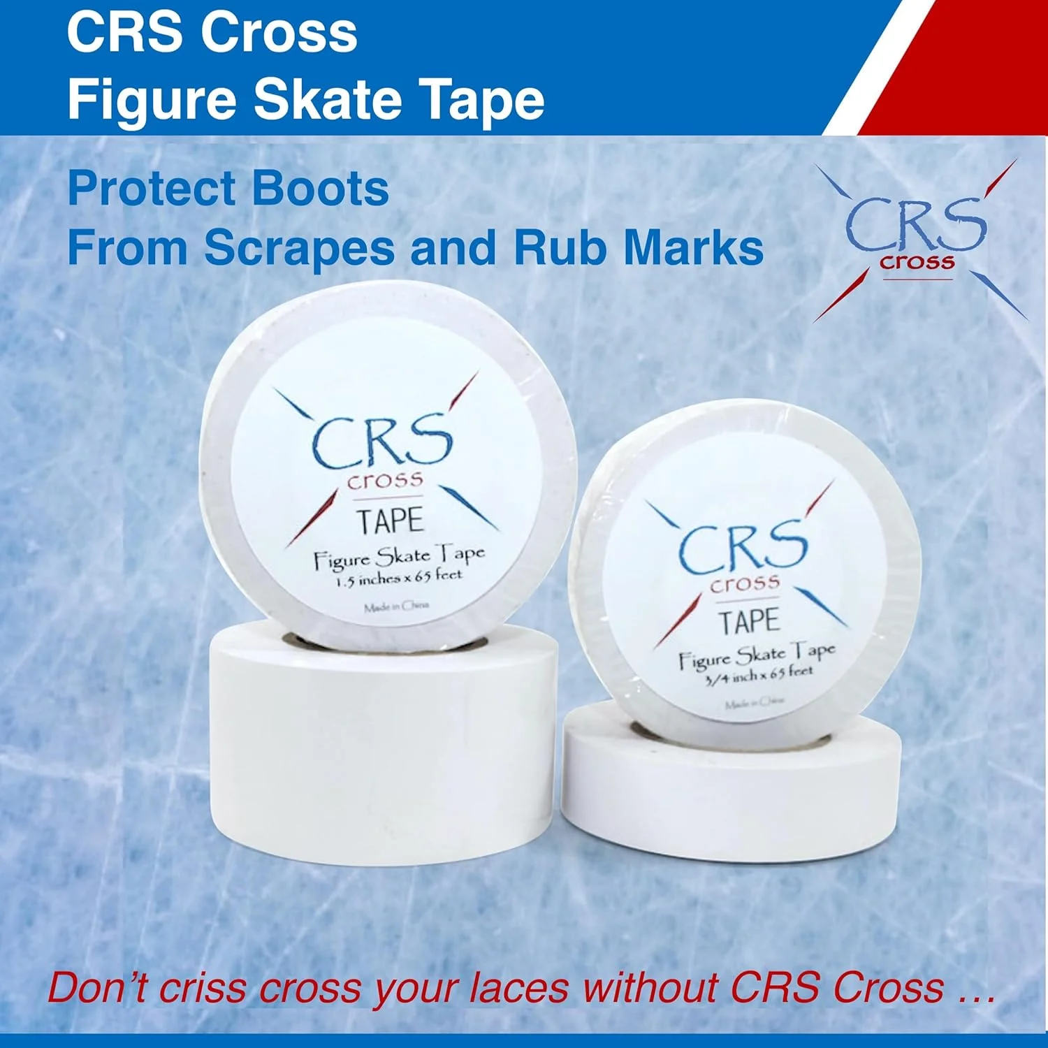 CRS Cross Figure Skate Tape (3/4 inch Wide) - Protects Leather Figure Skating Boots Without The Need for Polish. Skate Laces Stay Tied and Tight Skate Tape. CRS Cross Figure Skate Tape (3/4 inch Wide) - Protects Leather Figure Skating Boots Without The Need for Polish. Skate Laces Stay Tied and Tight Skate Tape.