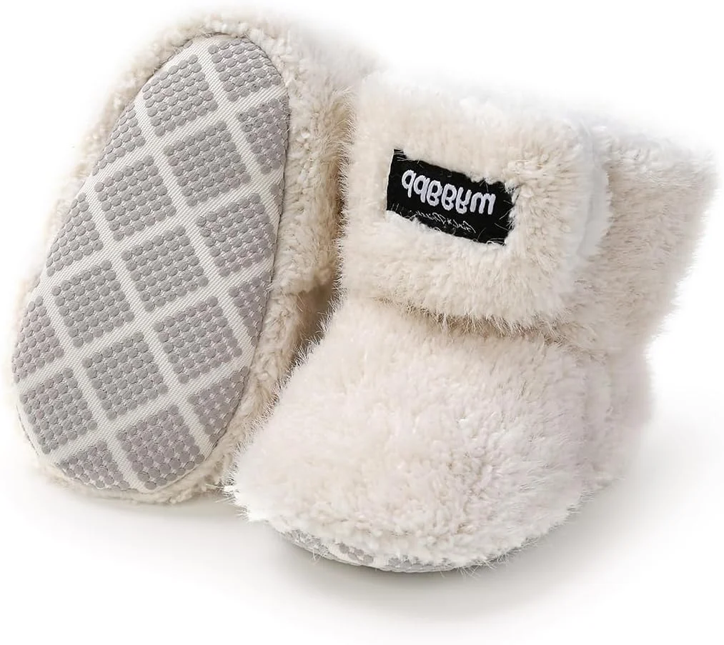 پاپوش نوزادی پشمی نرم و راحت E-FAK با استاپر، جوراب روفرشی زمستانی با زیره نرم مناسب نوزادان و کودکان نوپا، سایز 16 سفید، 6-12 ماه