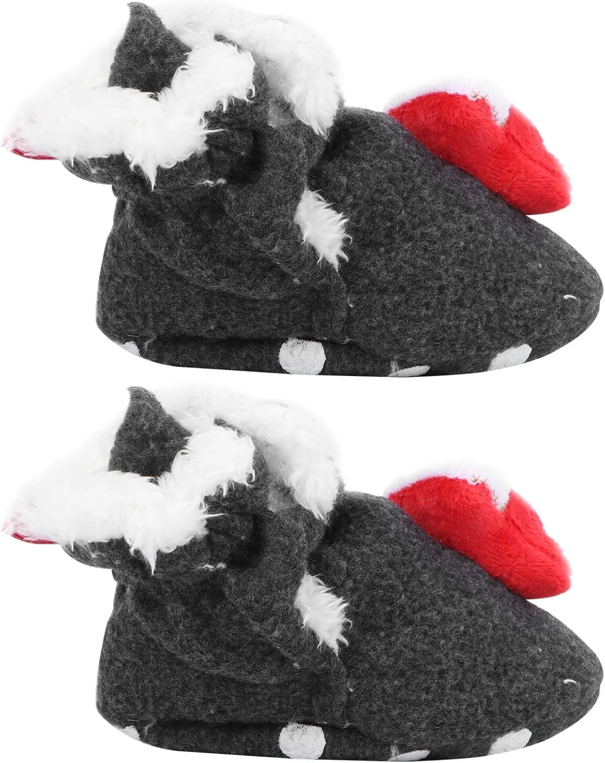 یک جفت پاپوش کریسمس نوزاد، زمستانی، گرم، پنبه ای، کفش کریسمس نوزاد، پاپوش پشمی خزدار، کفش های پیش راه رفتن تخت نوزاد، خاکستری تیره
