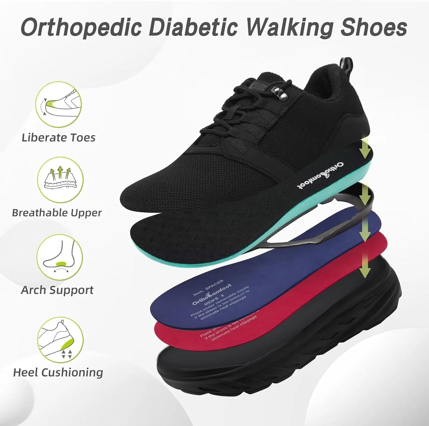 کفش‌های ارتوپدی OrthoComfoot برای آقایان، مناسب پنجه پهن، کفش‌های کتانی دیابتی راحت و شیک با پشتیبانی از قوس پا برای پاهای متورم، کفش‌های غیررسمی پلانتار فاسیایتیس برای تسکین درد پاشنه و پا