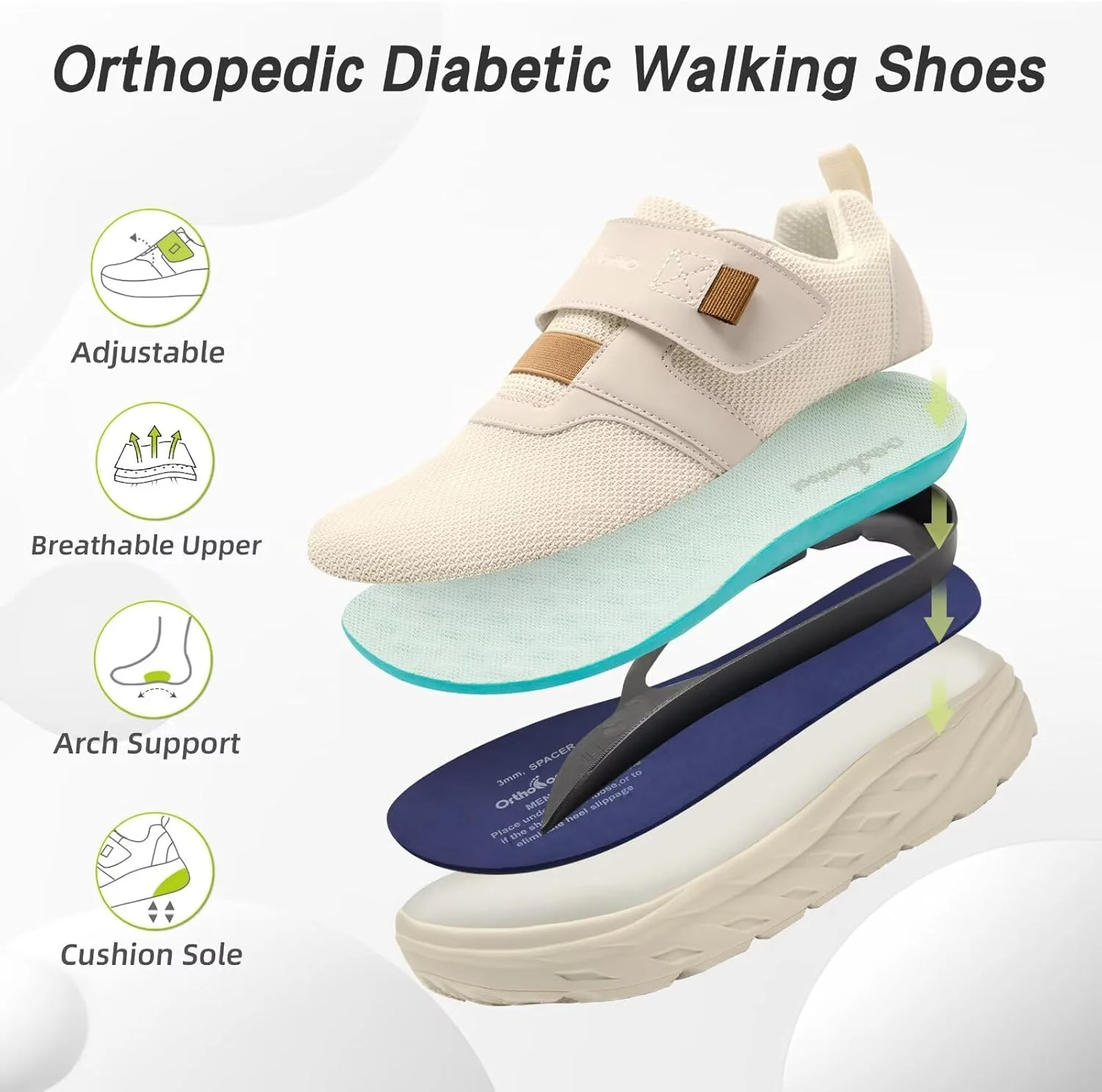 کفش پیاده روی طبی دیابتی پهن زنانه OrthoComfoot: کفش‌های راحتی روزمره با پشتیبانی از قوس پا برای پلانتار فاشیایتیس، کفش‌های کار قابل تنظیم برای قوس پای بلند و پاهای متورم، مناسب برای درد مچ پا و پاشنه