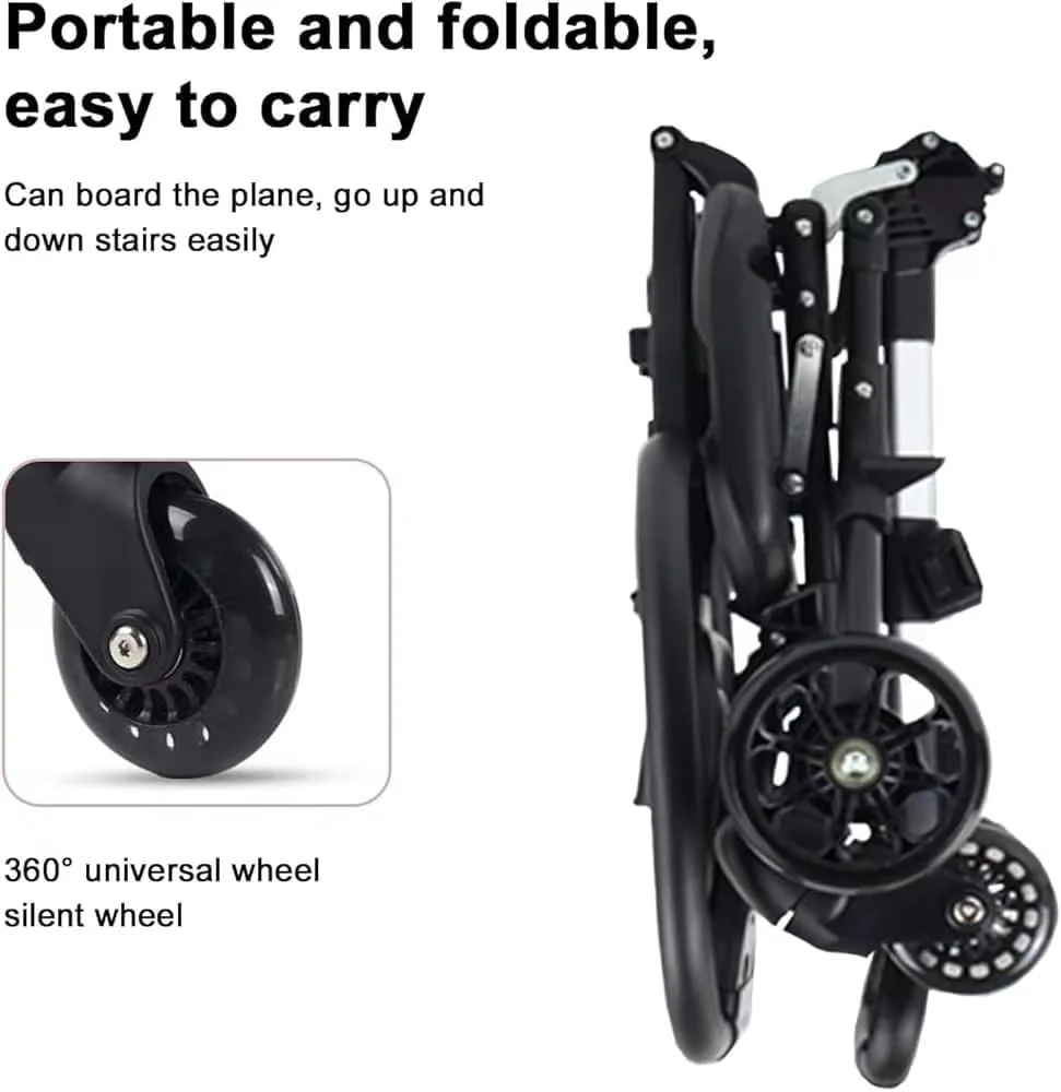 کالسکه تاشو نوزاد، کالسکه سبک وزن قابل حمل با 4 چرخ، کالسکه مسافرتی جمع و جور مناسب هواپیما، کالسکه ارگونومیک قابل تنظیم برای کودکان 1 تا 3 سال، مشکی کالسکه تاشو نوزاد، کالسکه سبک وزن قابل حمل با 4 چرخ، کالسکه مسافرتی جمع و جور مناسب هواپیما، کالسکه ارگونومیک قابل تنظیم برای کودکان 1 تا 3 سال، مشکی