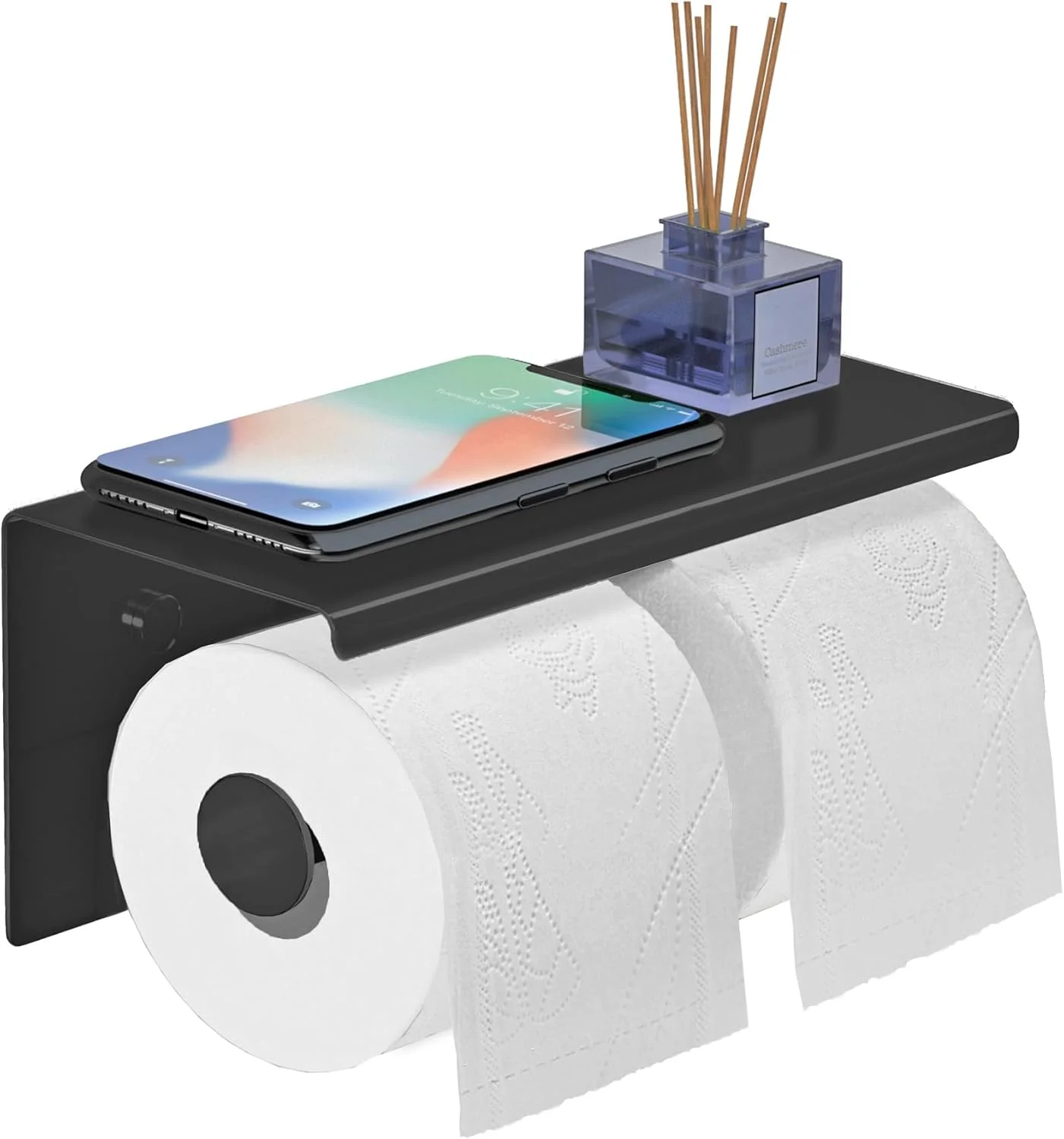 yeavs Double Toilet Paper Holder-Stainless Steel Tissue Roll Rack with Phone Storage Shelf (Black) yeavs Double Toilet Paper Holder-Stainless Steel Tissue Roll Rack with Phone Storage Shelf (Black)