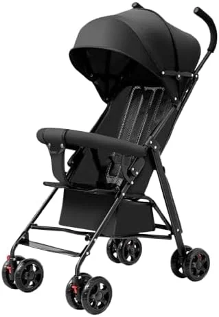 کالسکه تاشو کودک، کالسکه کودک نوپا با سایبان، سبک وزن، جمع و جور، مسافرتی، کالسکه چتری کودک، کالسکه نوزاد برای سفر در فضای باز تابستانی کودکان (A02-مشکی با سایبان سه لایه)