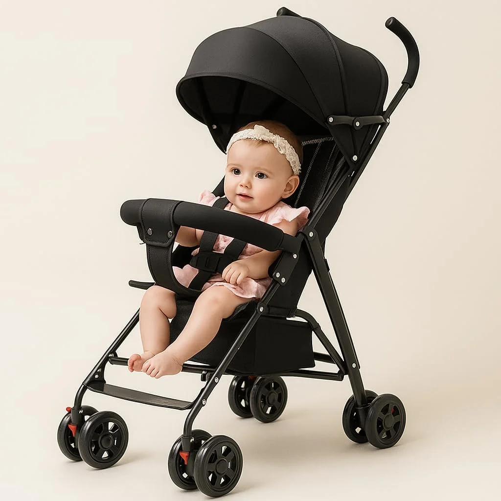 کالسکه تاشو کودک، کالسکه کودک نوپا با سایبان، سبک وزن، جمع و جور، مسافرتی، کالسکه چتری کودک، کالسکه نوزاد برای سفر در فضای باز تابستانی کودکان (A02-مشکی با سایبان سه لایه)