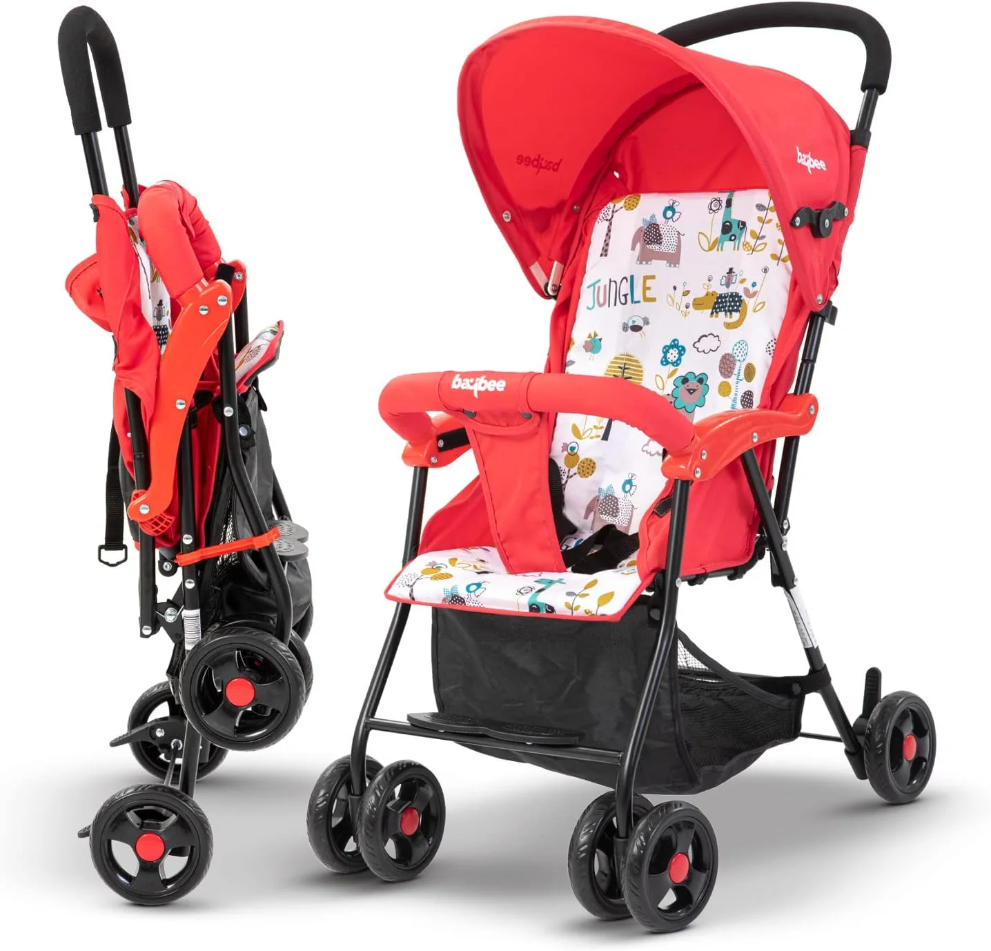 کالسکه مسافرتی کودک Baybee، کالسکه تاشو سبک وزن نوزاد با قابلیت تنظیم 2 حالته، سایبان، دسته گرد و کمربند ایمنی | کالسکه کودک نوپا 0-3 سال پسر دختر (قرمز/مشکی)