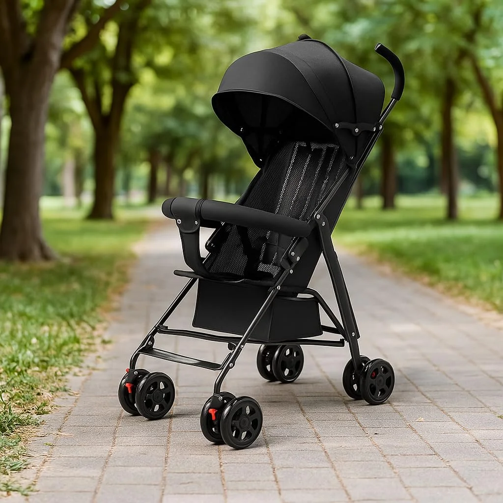کالسکه تاشو کودک، کالسکه کودک نوپا با سایبان، سبک وزن، جمع و جور، مسافرتی، کالسکه چتری کودک، کالسکه نوزاد برای سفر در فضای باز تابستانی کودکان (A02-مشکی با سایبان سه لایه)