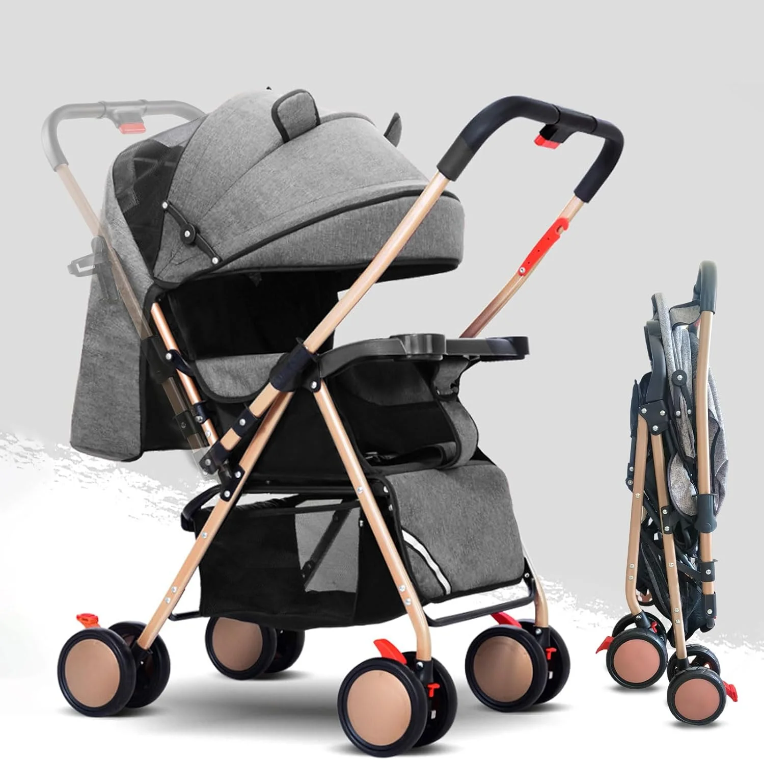 کالسکه بچه 2 در 1، کالسکه مسافرتی سبک وزن با سبد حمل نوزاد تاشو و جمع و جور با سایبان، سبد ذخیره سازی و تکیه گاه چند حالته مناسب برای نوزادان 0-36 ماهه