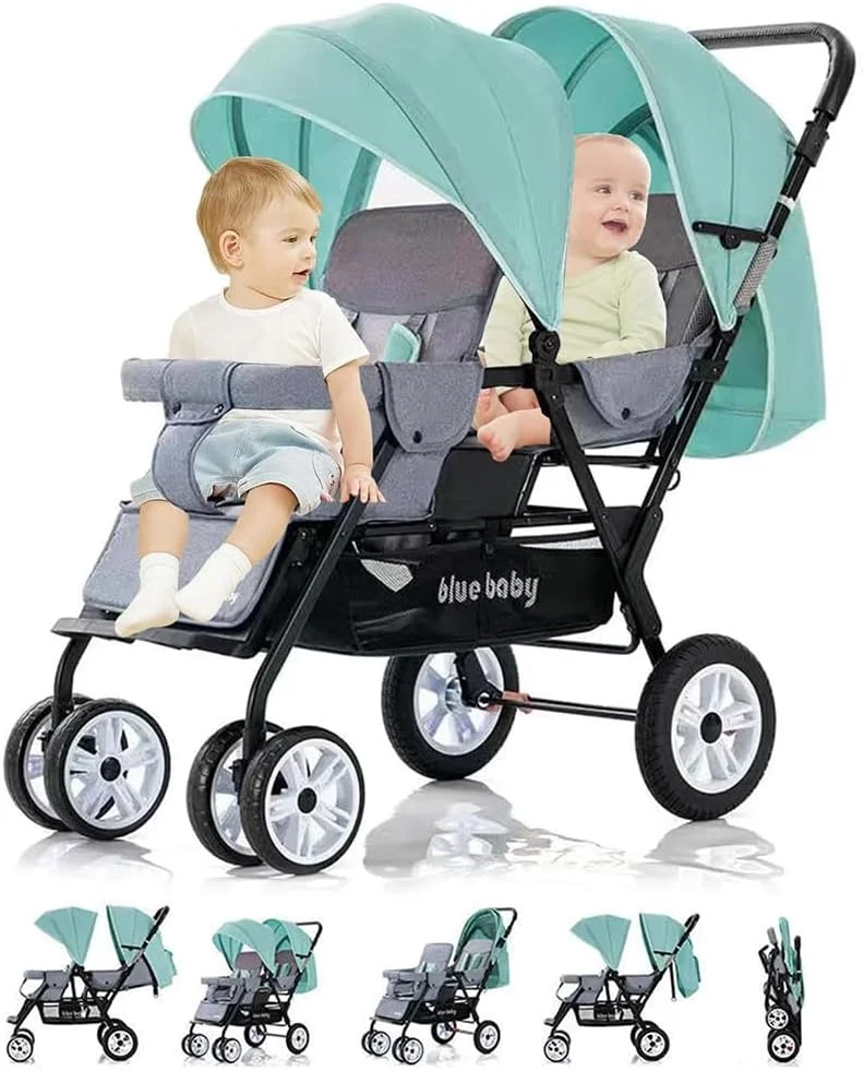 کالسکه دوقلو جومِیپ، صندلی دوتایی تاشو با پشتی قابل تنظیم، دسته و جاپایی قابل تنظیم، چرخ های قفل شونده، کمربند ایمنی 5 نقطه ای (سبز)