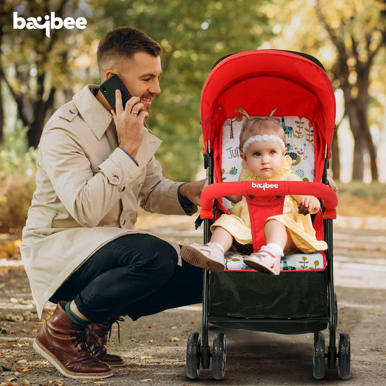 کالسکه مسافرتی کودک Baybee، کالسکه تاشو سبک وزن نوزاد با قابلیت تنظیم 2 حالته، سایبان، دسته گرد و کمربند ایمنی | کالسکه کودک نوپا 0-3 سال پسر دختر (قرمز/مشکی)