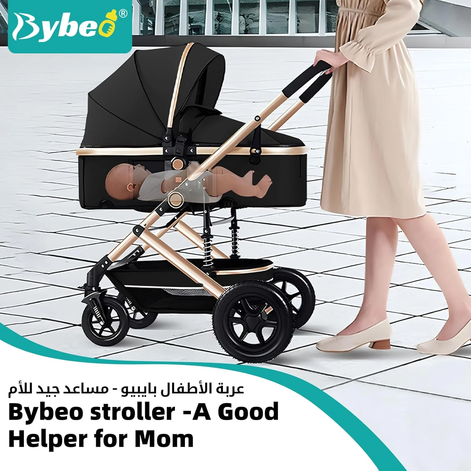 کالسکه بچه 3 در 1، کابین مسافرتی چند منظوره نوزاد، کالسکه تاشو یک دستی برای نوزادان، کالسکه منظره مرتفع کودک نوپا با چرخ های لاستیکی، بشقاب غذاخوری، تشک خنک کننده (مشکی)