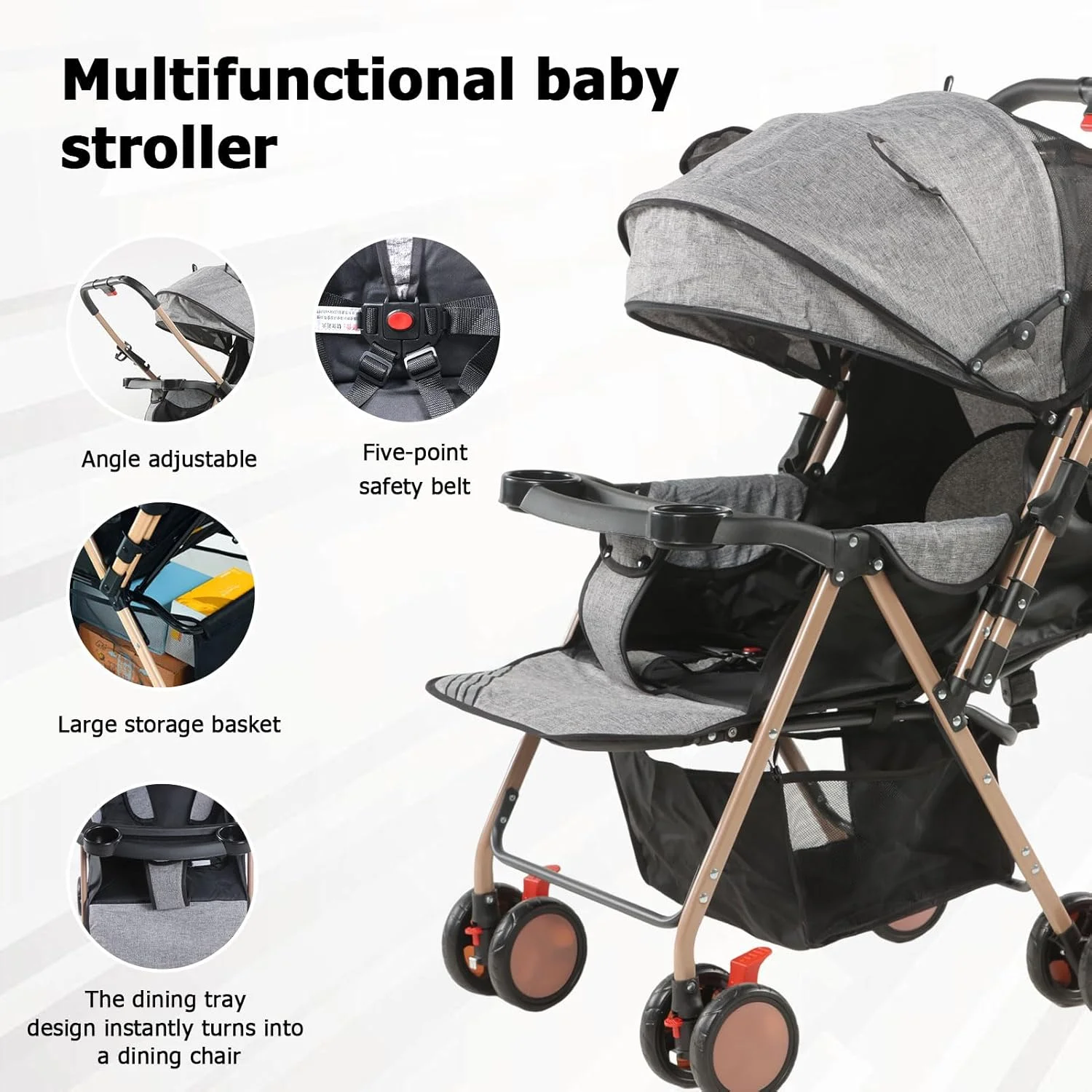 کالسکه بچه 2 در 1، کالسکه مسافرتی سبک وزن با سبد حمل نوزاد تاشو و جمع و جور با سایبان، سبد ذخیره سازی و تکیه گاه چند حالته مناسب برای نوزادان 0-36 ماهه