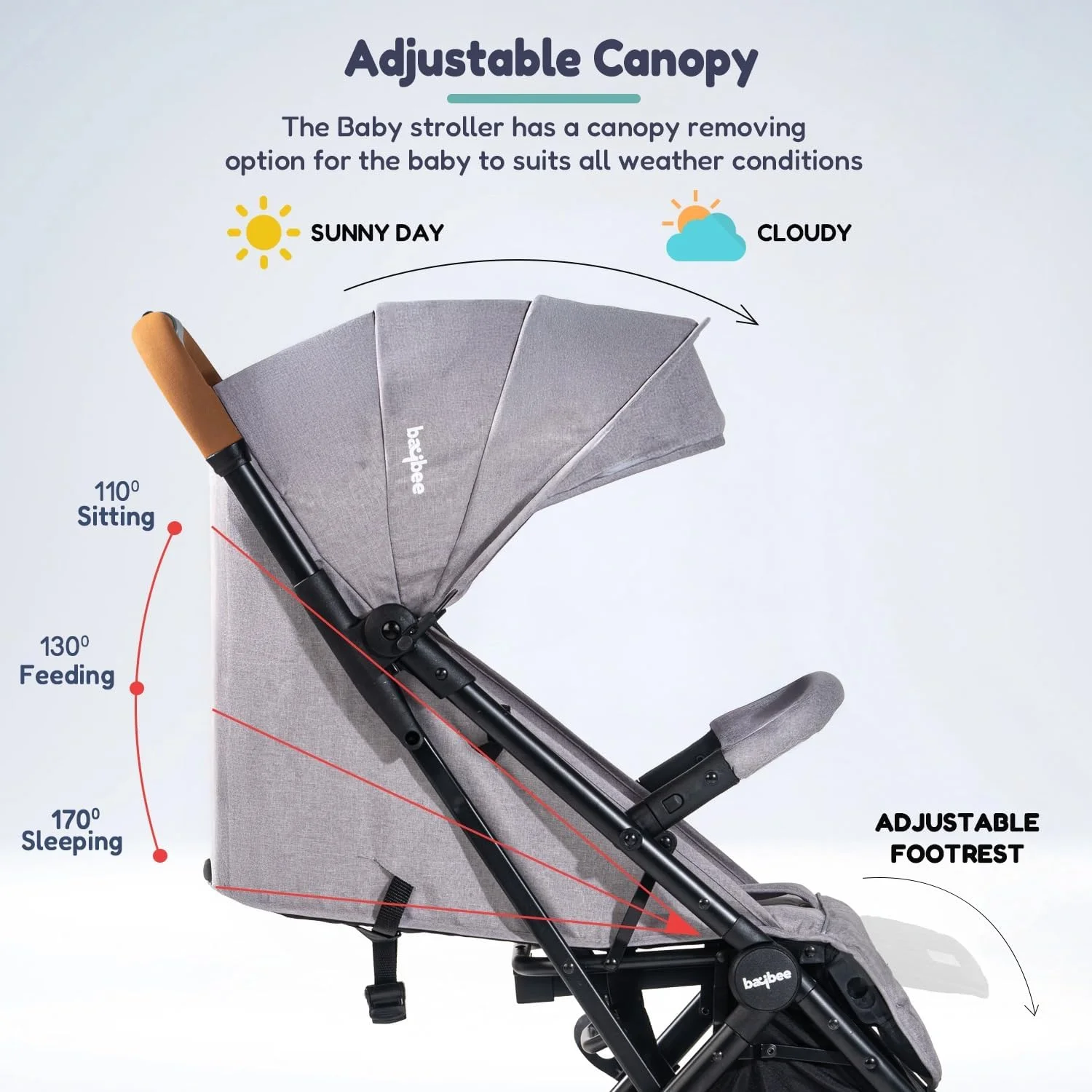 کالسکه مسافرتی کودک Baybee، کالسکه تاشو سبک وزن نوزاد با قابلیت تنظیم 2 حالته، سایبان، دسته گرد و کمربند ایمنی | کالسکه کودک برای کودکان نوپا 0-3 سال پسر دختر (خاکستری/مشکی)