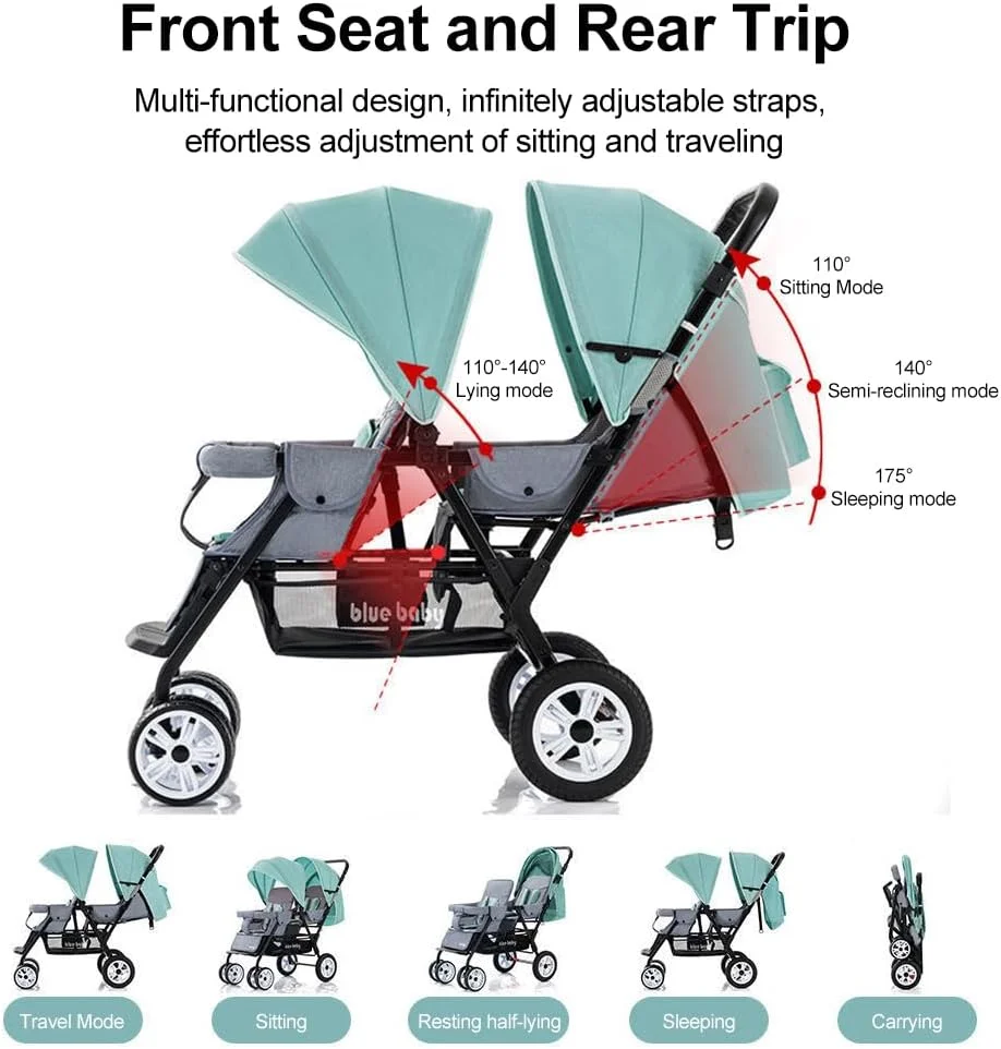 کالسکه دوقلو جومِیپ، صندلی دوتایی تاشو با پشتی قابل تنظیم، دسته و جاپایی قابل تنظیم، چرخ های قفل شونده، کمربند ایمنی 5 نقطه ای (سبز)