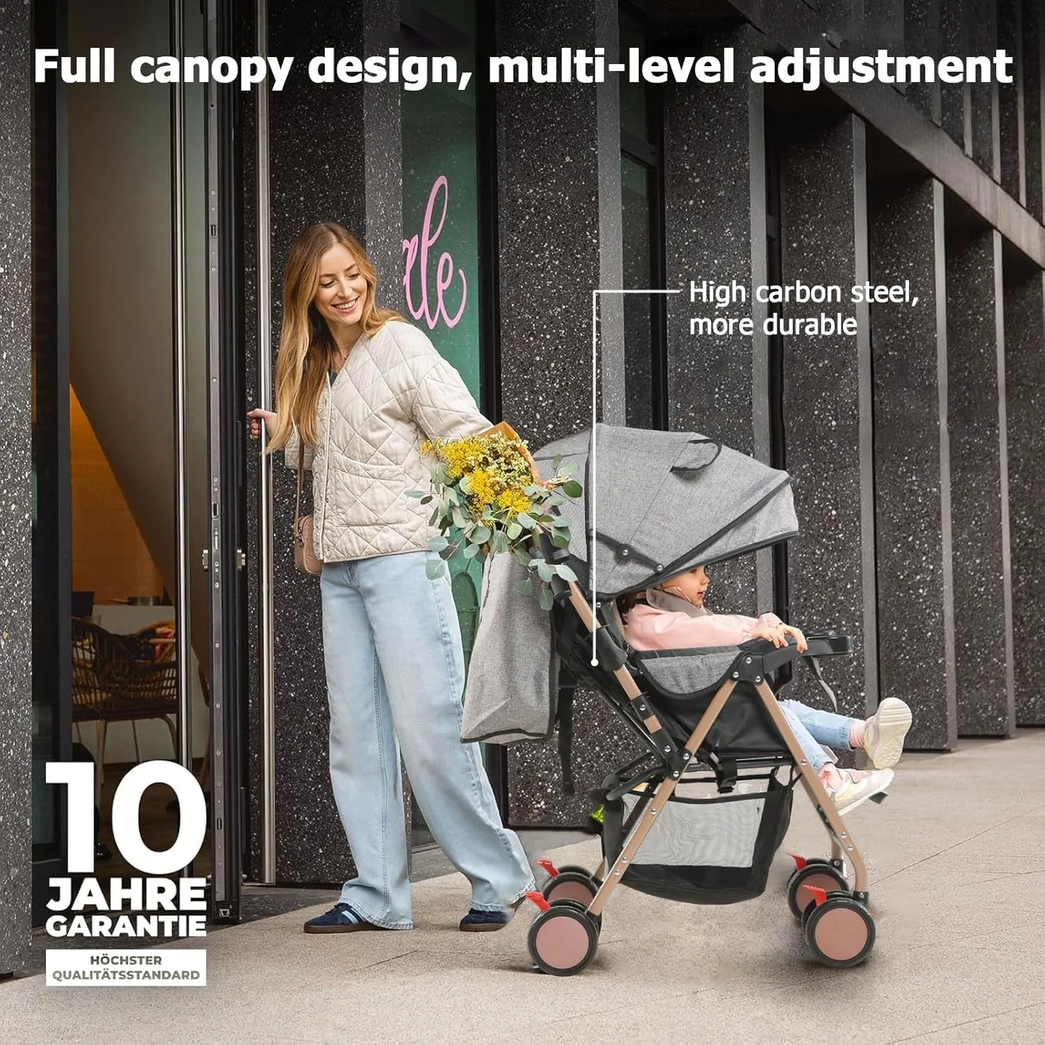 کالسکه بچه 2 در 1، کالسکه مسافرتی سبک وزن با سبد حمل نوزاد تاشو و جمع و جور با سایبان، سبد ذخیره سازی و تکیه گاه چند حالته مناسب برای نوزادان 0-36 ماهه