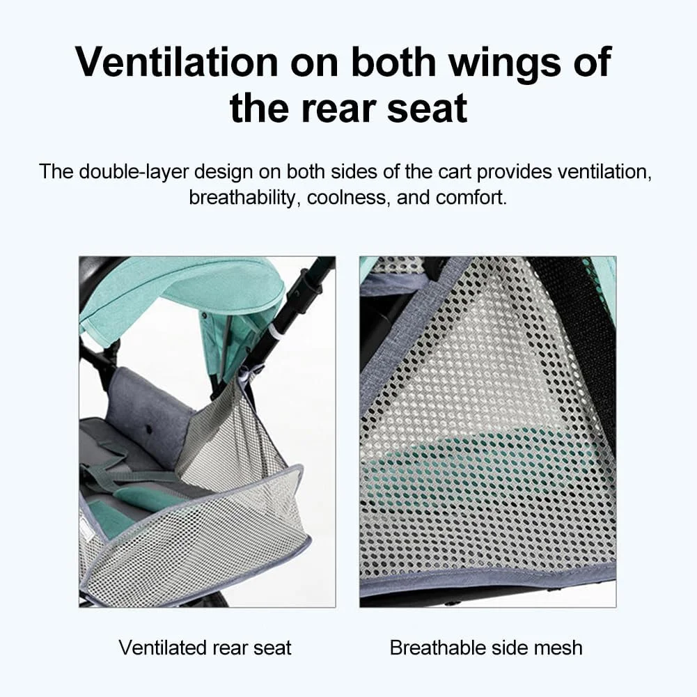 کالسکه دوقلو جومِیپ، صندلی دوتایی تاشو با پشتی قابل تنظیم، دسته و جاپایی قابل تنظیم، چرخ های قفل شونده، کمربند ایمنی 5 نقطه ای (سبز)